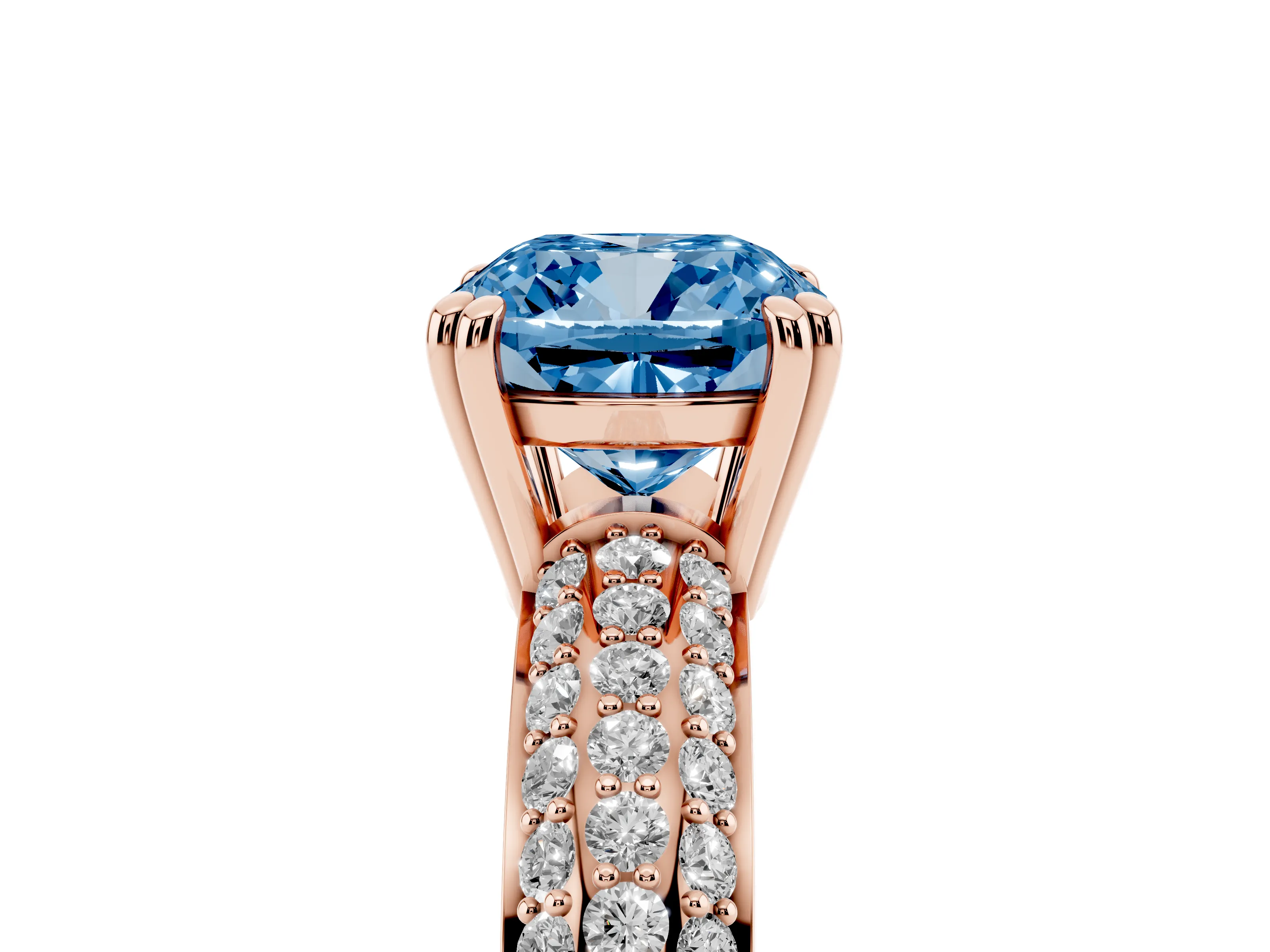 Fancy Blue Cushion Cut Diamond Solitaire Ring Set in Rose gold with Multi-Row Round Pavé Band and Prong Setting