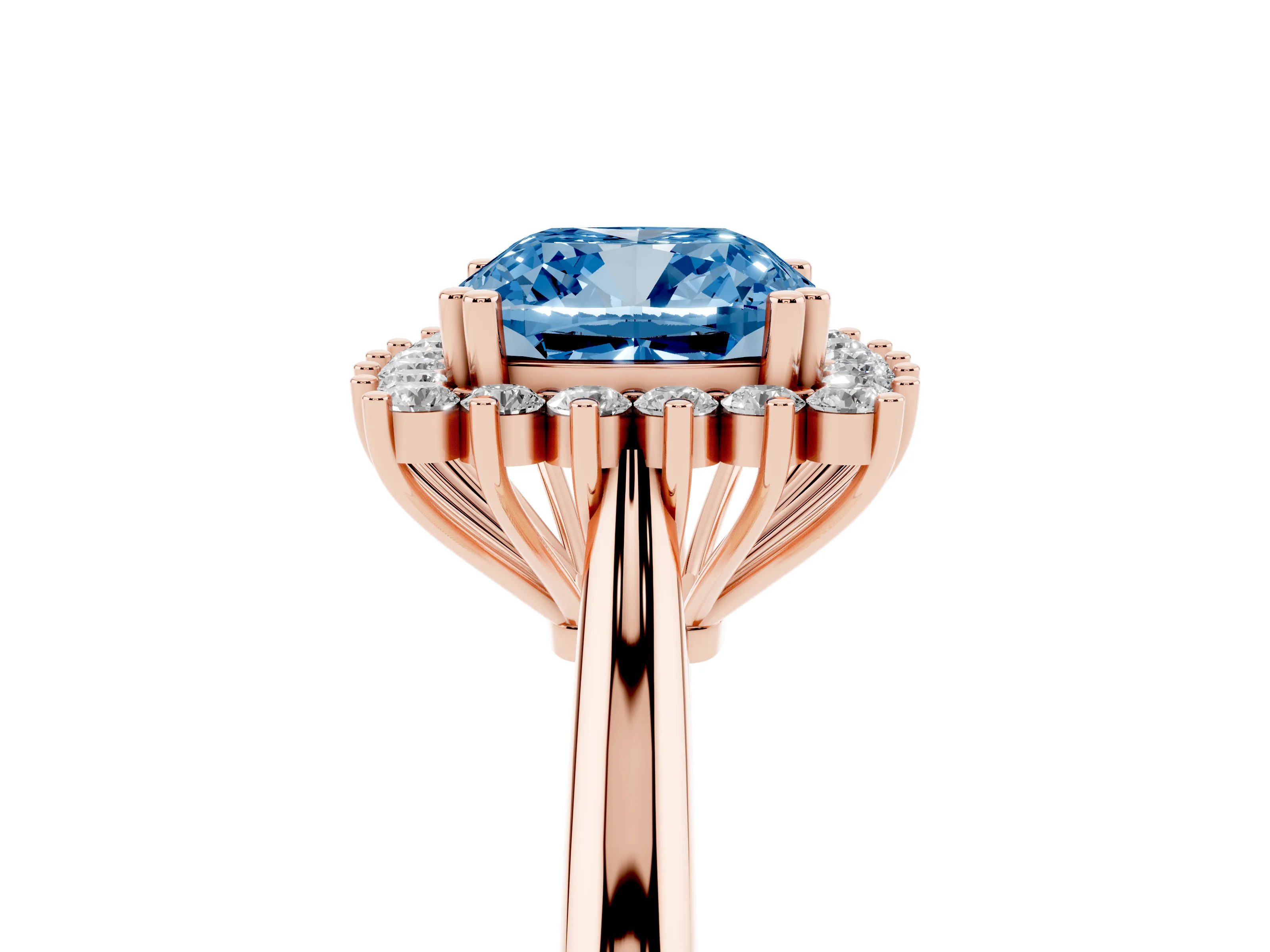 Fancy Blue Cushion Cut Diamond Halo Ring Set in Rose gold with Plain Solitaire Band and Prong Setting