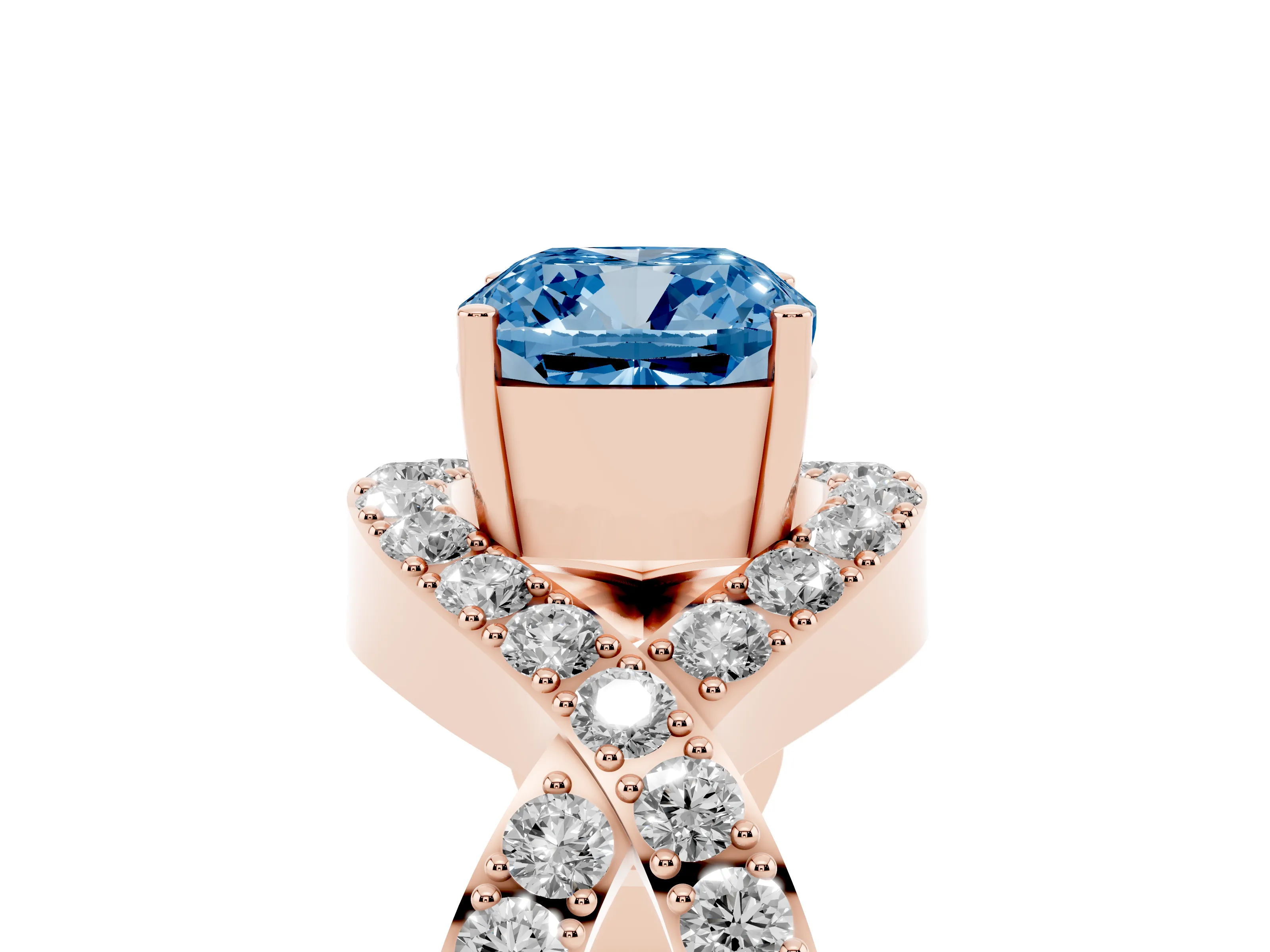 Fancy Blue Cushion Cut Diamond Solitaire Twist Band Pavé Engagement Ring Set in Rose gold