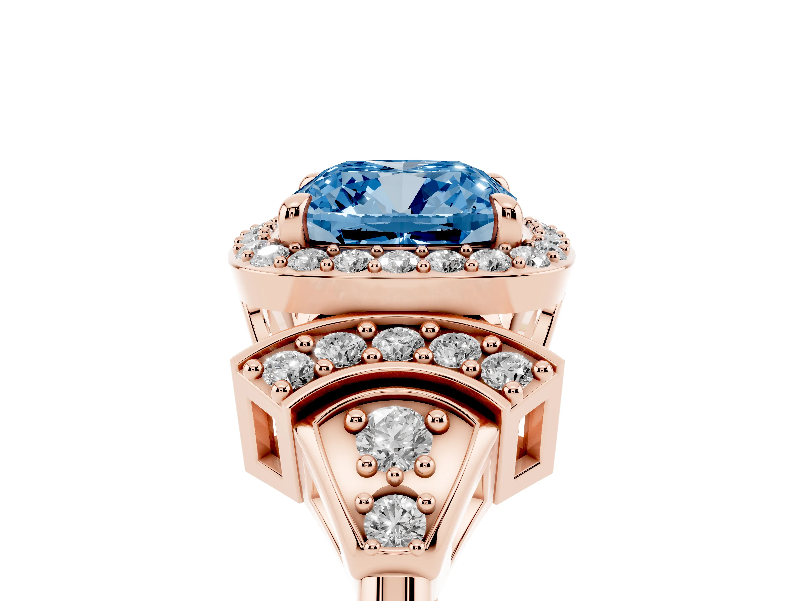 Fancy Blue Cushion Cut Diamond Halo Engagement Ring Set in Rose gold with Accent Stone Split Shank