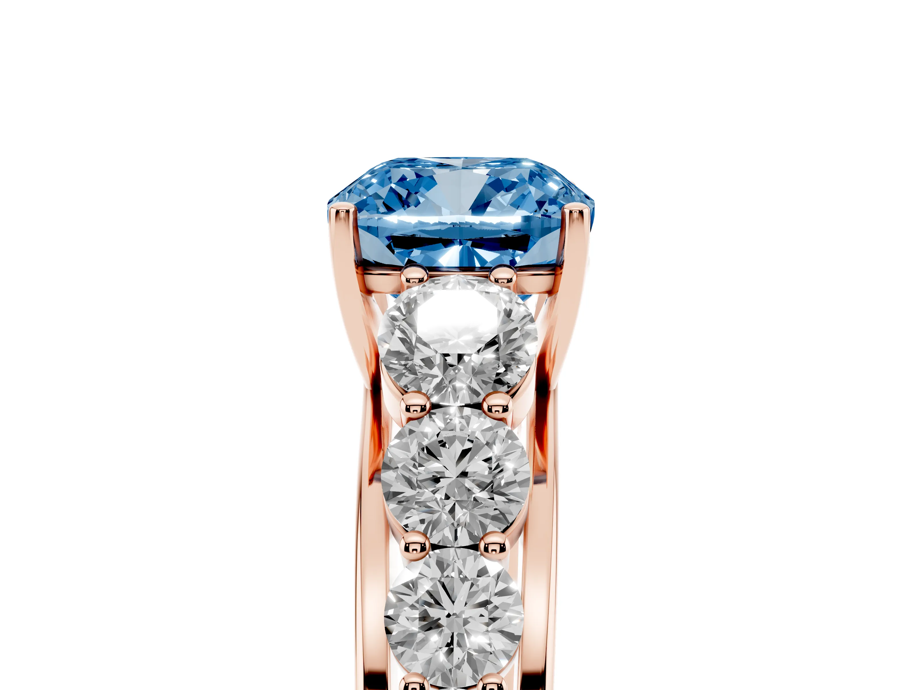Fancy Blue Cushion Cut Diamond Solitaire Ring Set in Rose gold with Pavé-Set Band and Prong Setting