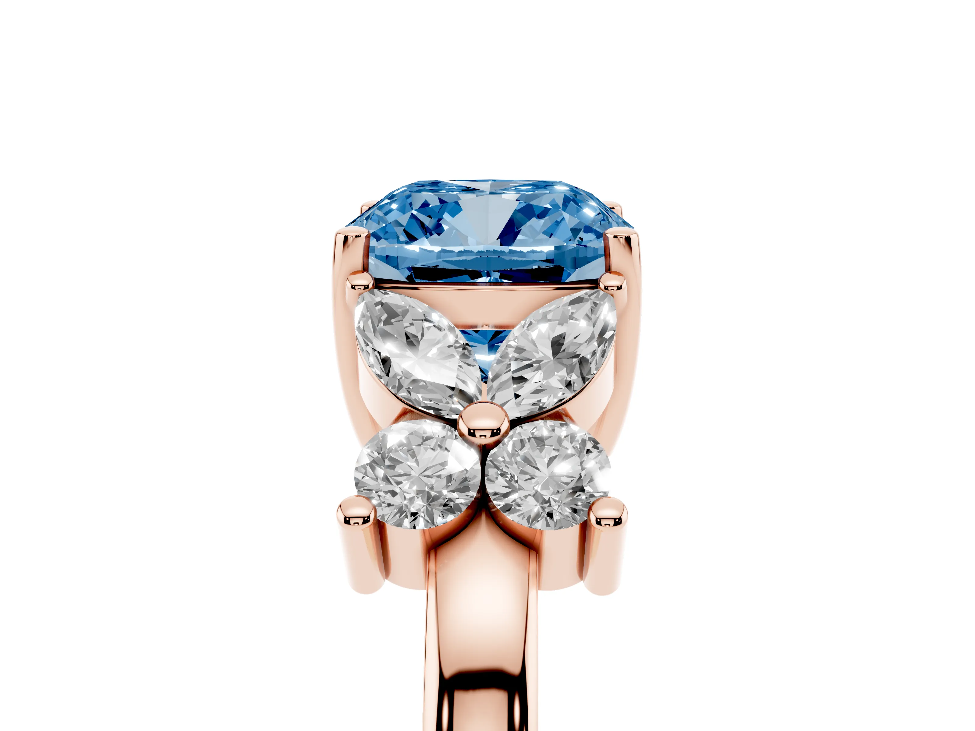 Fancy Blue Cushion Cut Diamond Floral Cluster Ring Set in Rose gold with Marquise Petals and Prong Setting