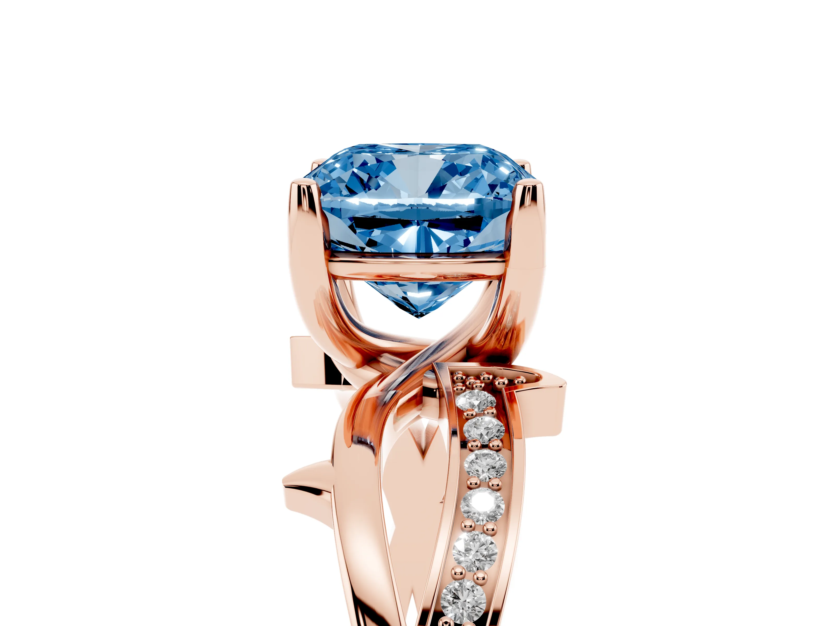 Fancy Blue Cushion Cut Diamond Pavé Twist Band Solitaire Ring Set in Rose gold with Prong Setting