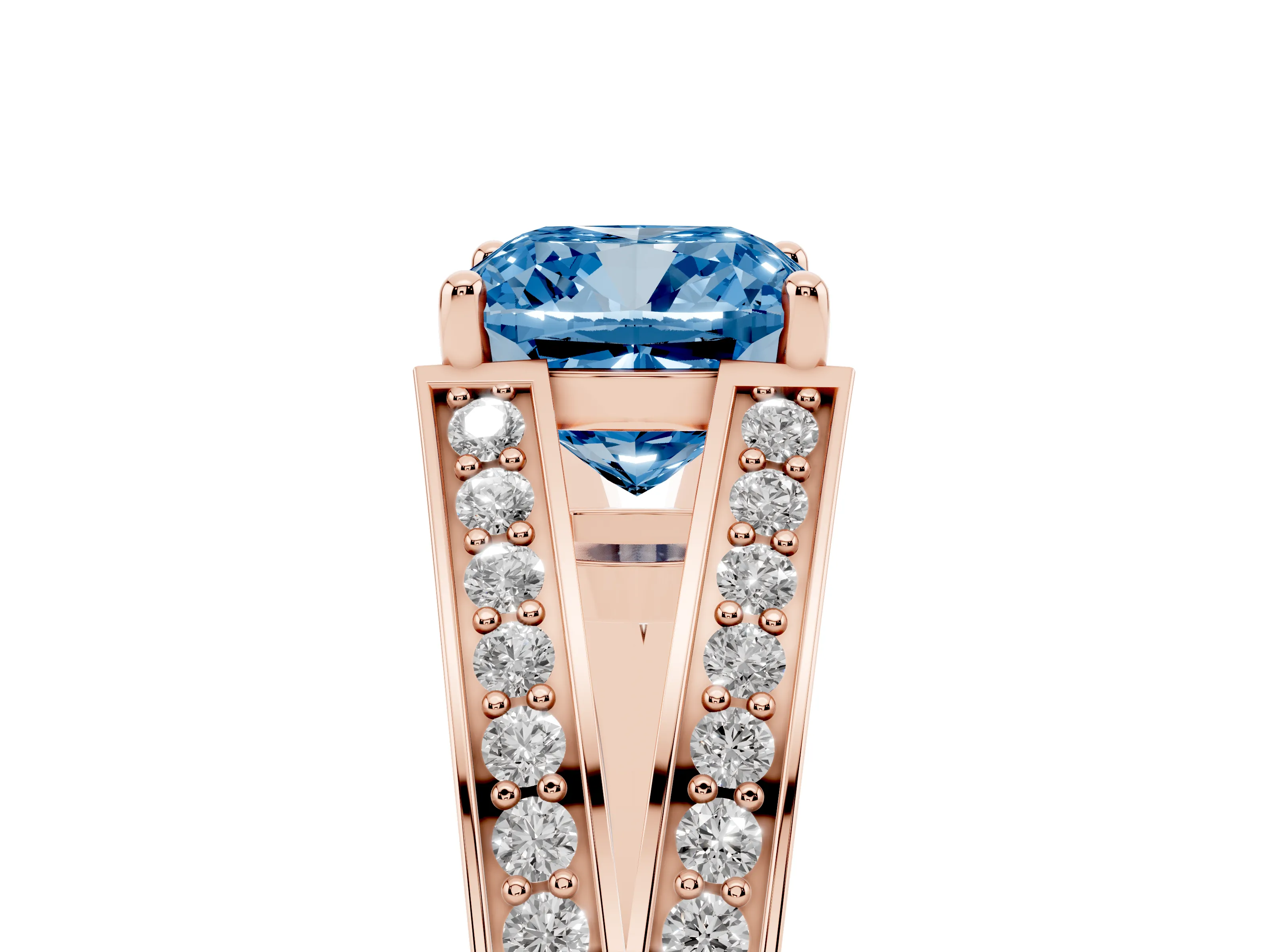 Fancy Blue Cushion Cut Diamond Split Shank Ring Set in Rose gold with Pavé Band and Prong Setting