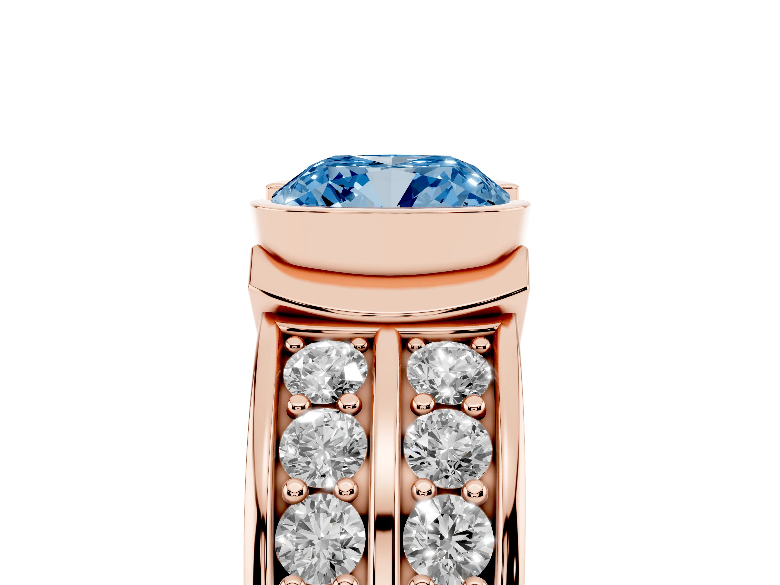 Fancy Blue Cushion Cut Diamond Wide Channel Set Band Ring Set in Rose gold with Bezel Setting