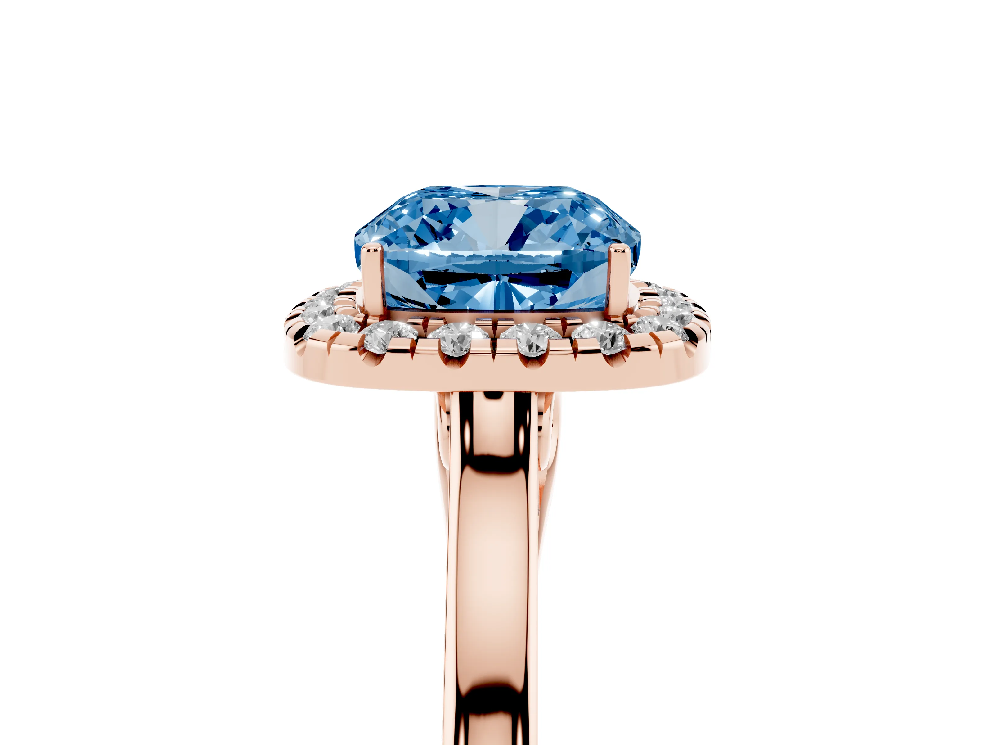 Fancy Blue Cushion Cut Halo Round Diamond Solitaire Ring Set in Rose gold with Pavé Band and Prong Setting