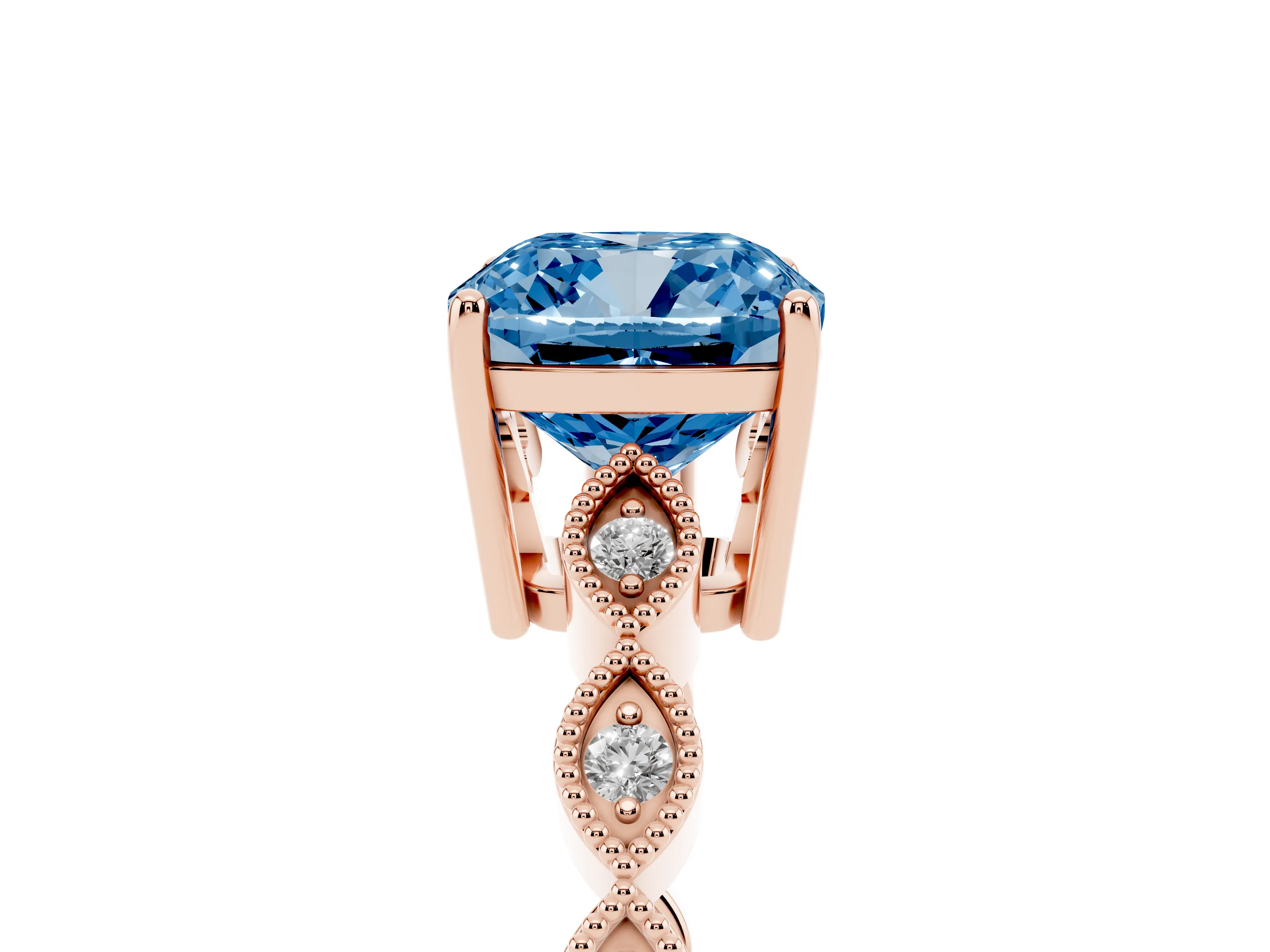 Fancy Blue Cushion Cut Diamond Solitaire Ring Set in Rose gold with Infinity Twist Pavé Band