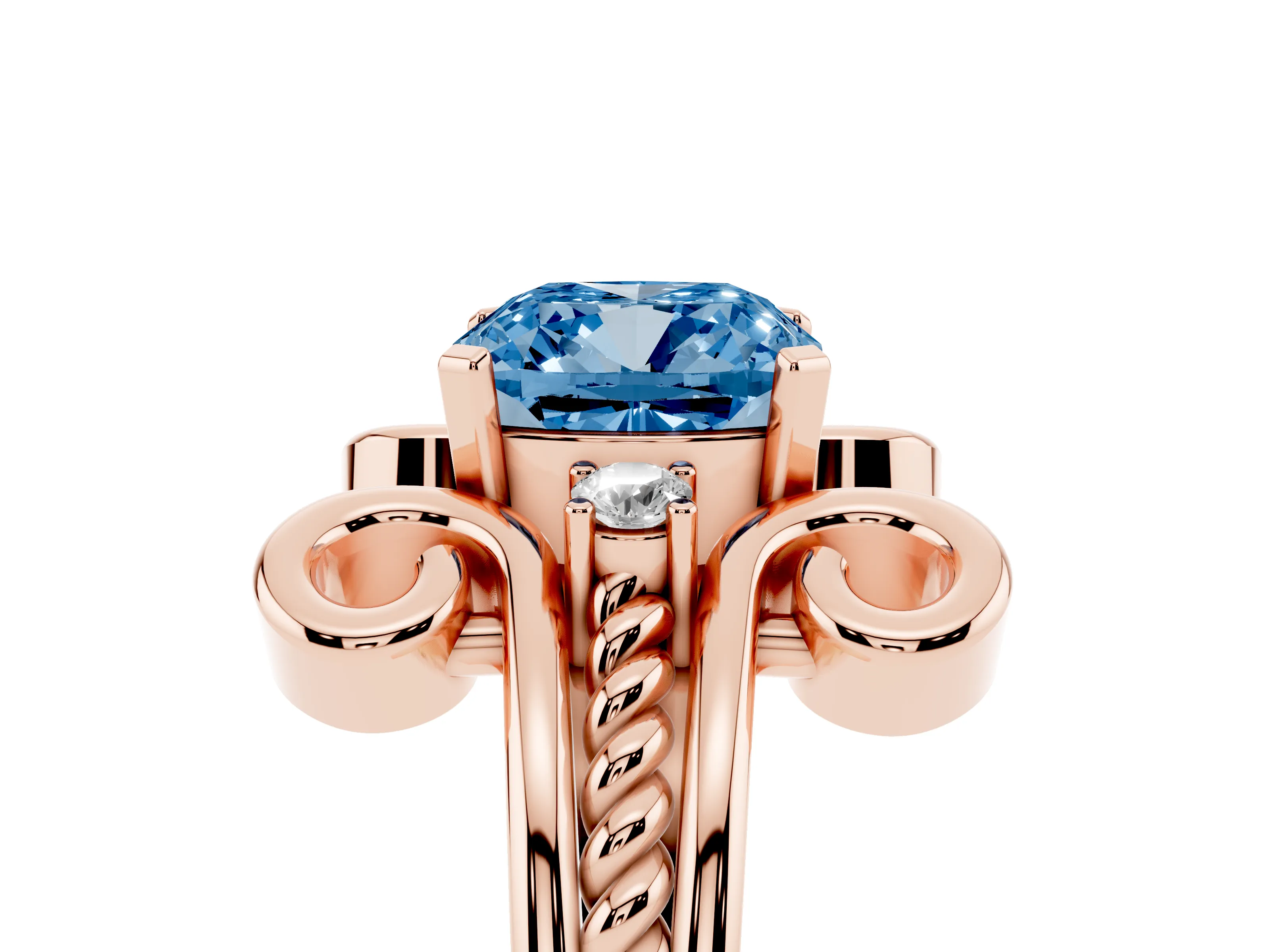 Fancy Blue Cushion Cut Diamond Twisted Band Solitaire Ring Set in Rose gold with Scroll Prongs