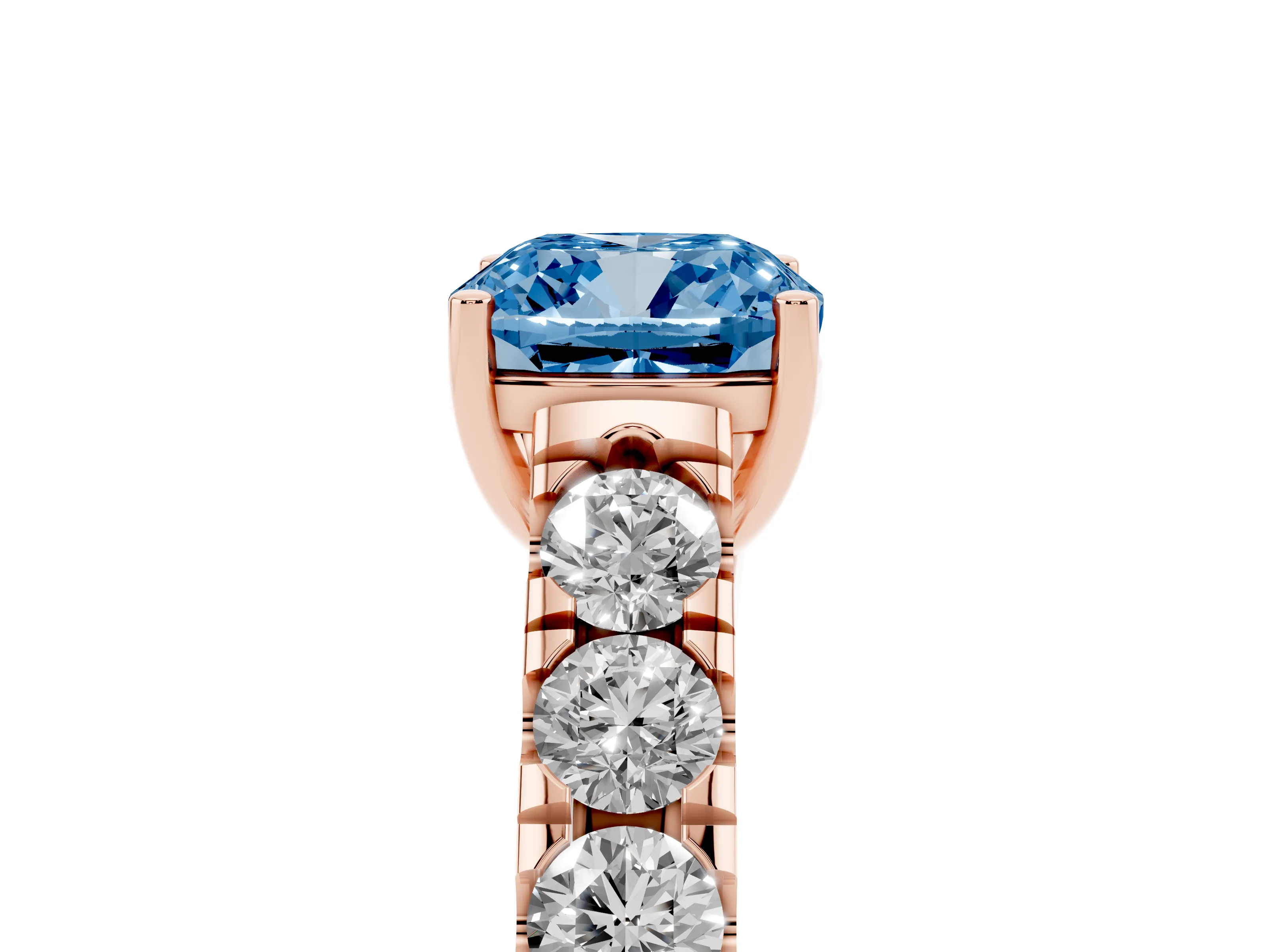 Fancy Blue Cushion Cut Diamond Solitaire Ring Set in Rose gold with Cut-Down Micro Pavé Band and Prong Setting