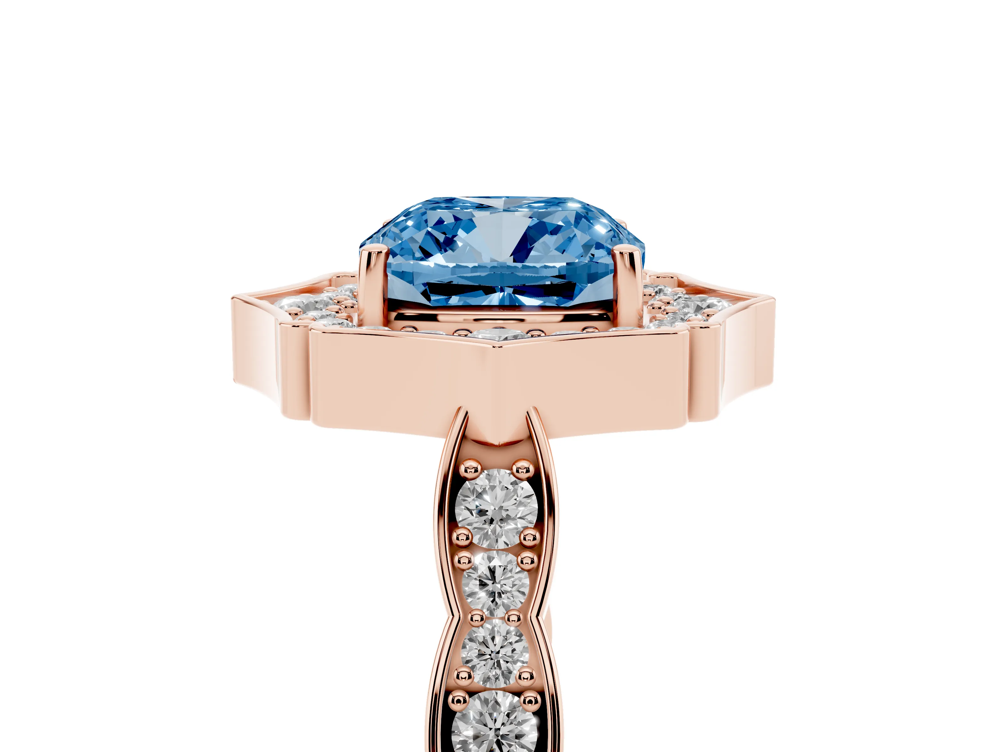 Fancy Blue Cushion Cut Diamond Halo Engagement Ring Set in Rose gold with Milgrain Band and Prong Setting