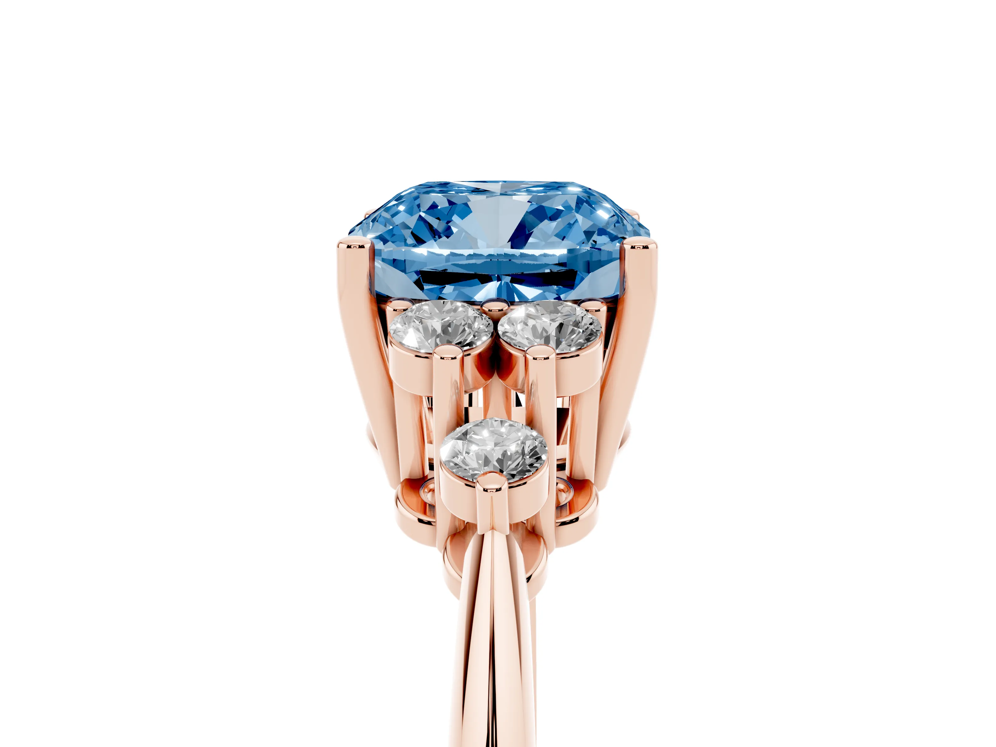 Fancy Blue Cushion Cut Diamond Cluster Ring Set in Rose gold with Plain Band and Prong Setting