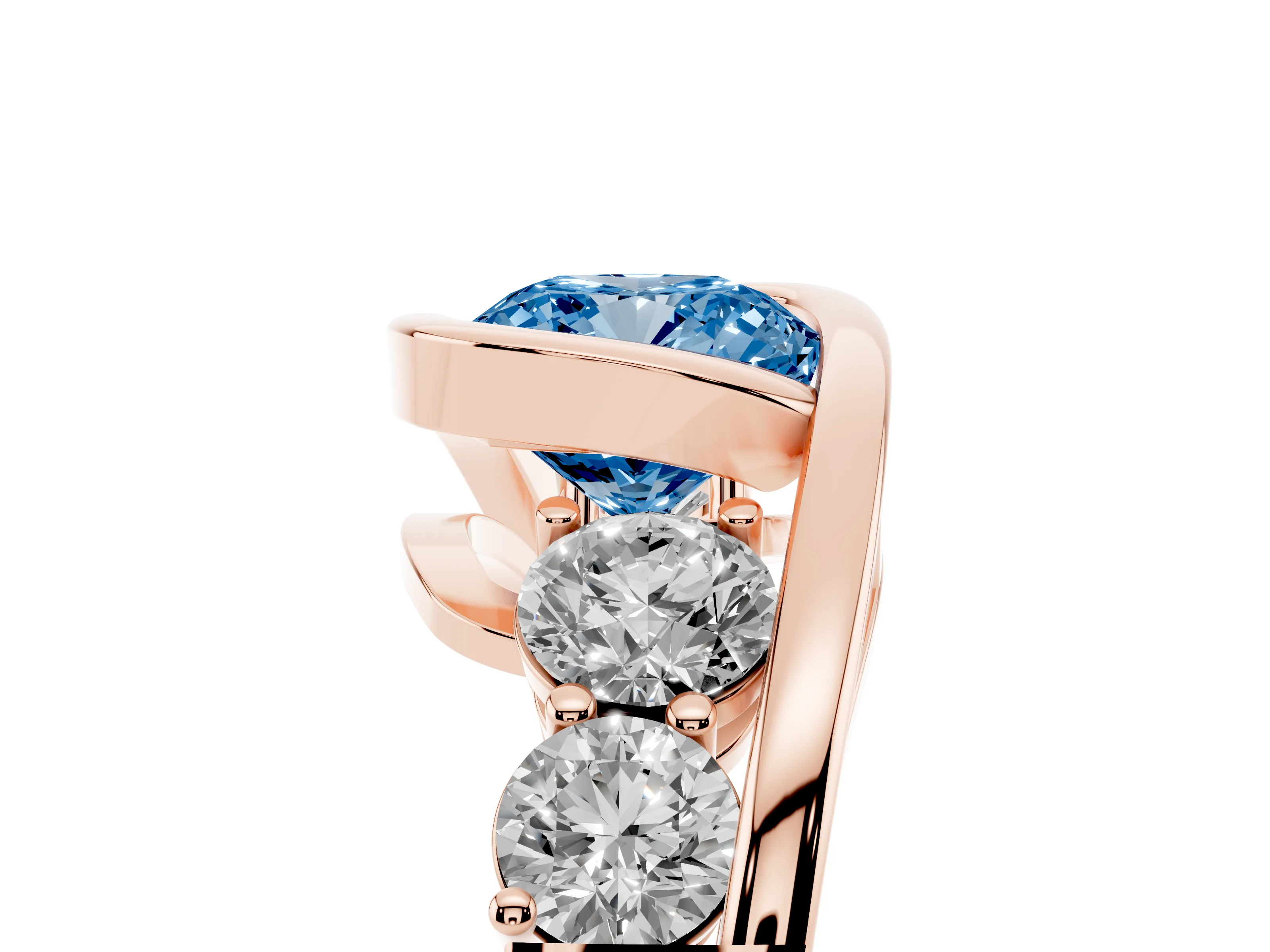 Fancy Blue Cushion Cut Diamond Bezel Bypass Ring Set in Rose gold with Round Accents