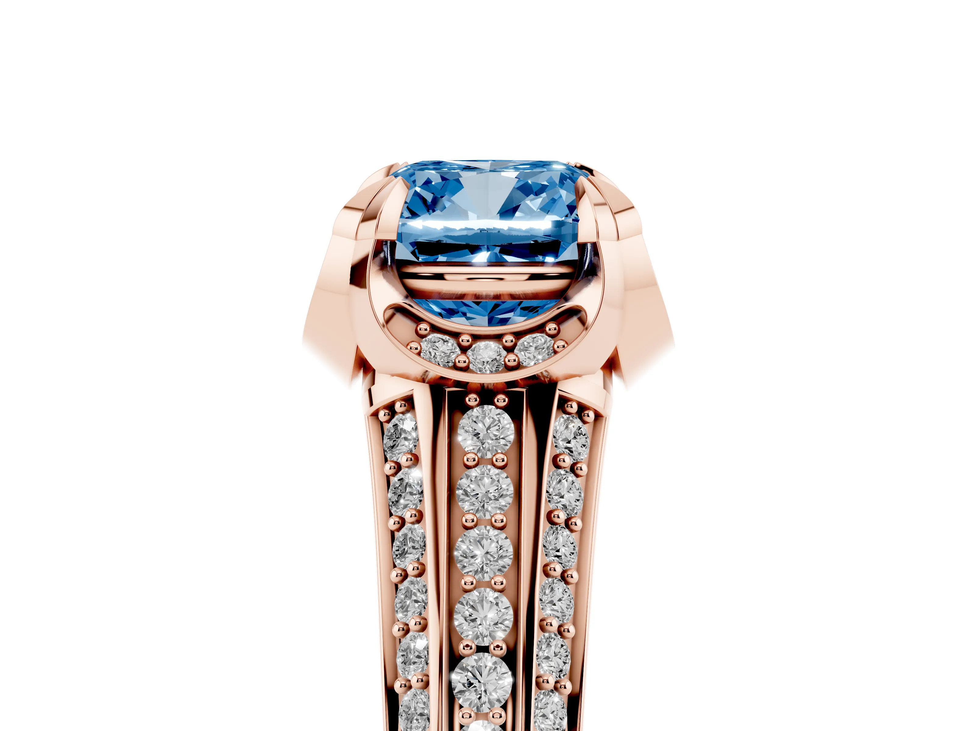 Fancy Blue Cushion Cut Diamond Pavé Split Shank Solitaire Ring Set in Rose gold with Prong Setting