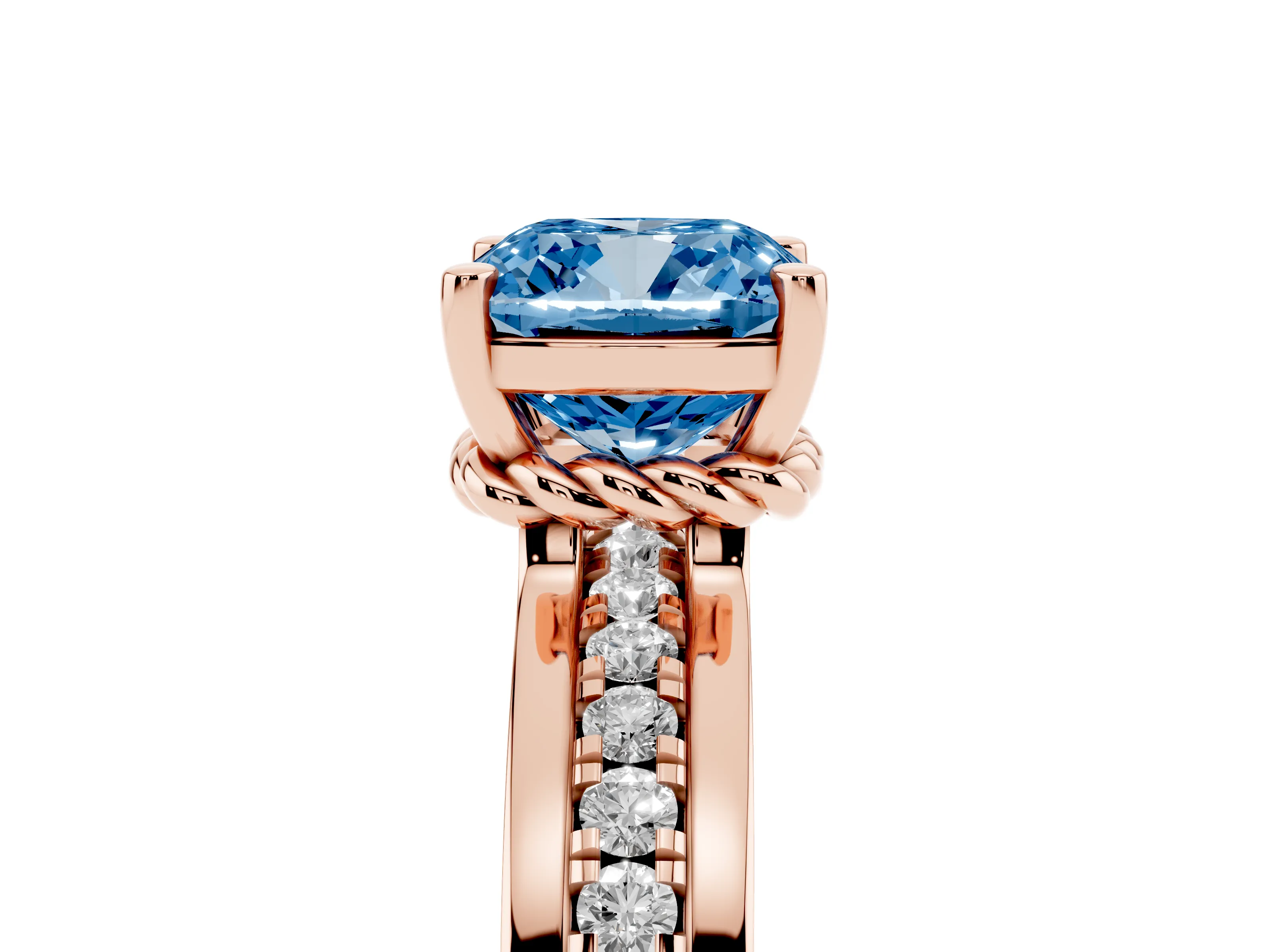Fancy Blue Cushion Cut Diamond Solitaire Ring Set in Rose gold with Channel Set Band and Prong Setting
