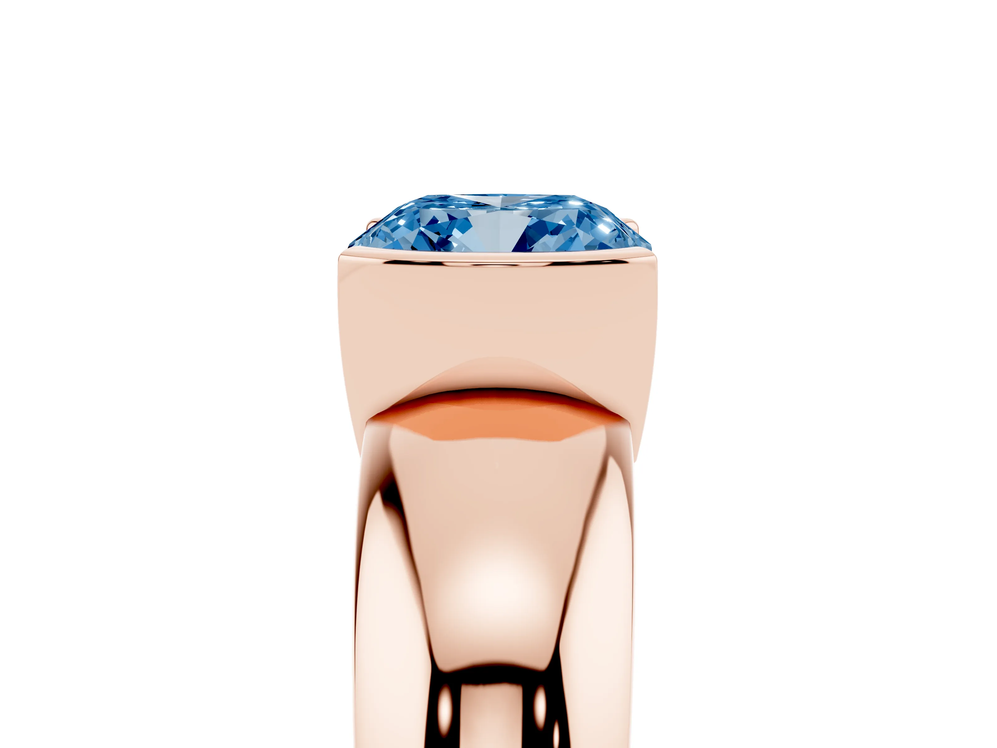 Fancy Blue Cushion Cut Diamond Solitaire Tension Set Ring Set in Rose gold with Wide Band