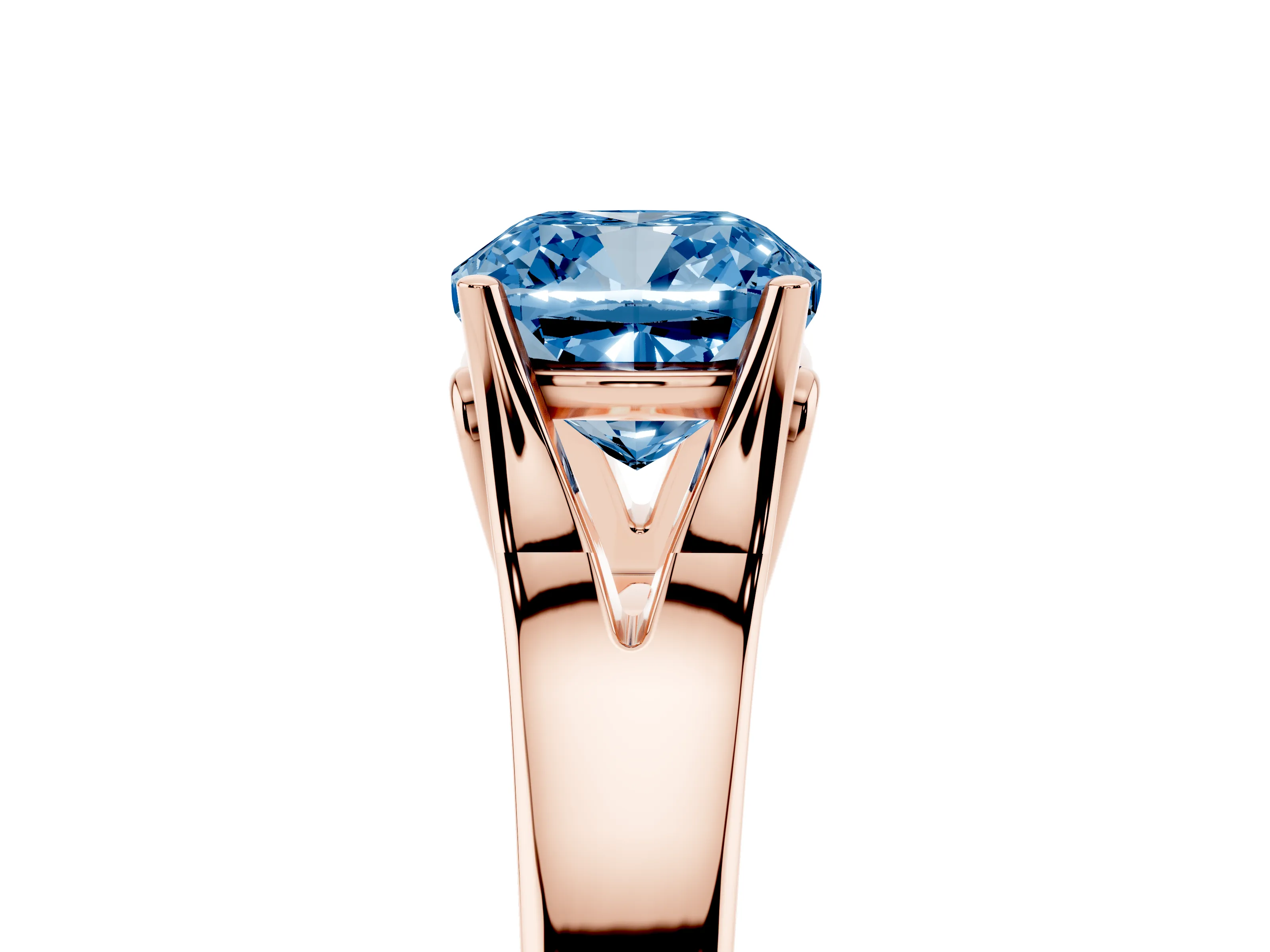 Fancy Blue Cushion Cut Diamond Solitaire Ring Set in Rose gold with Arched Cathedral Band and Prong Setting