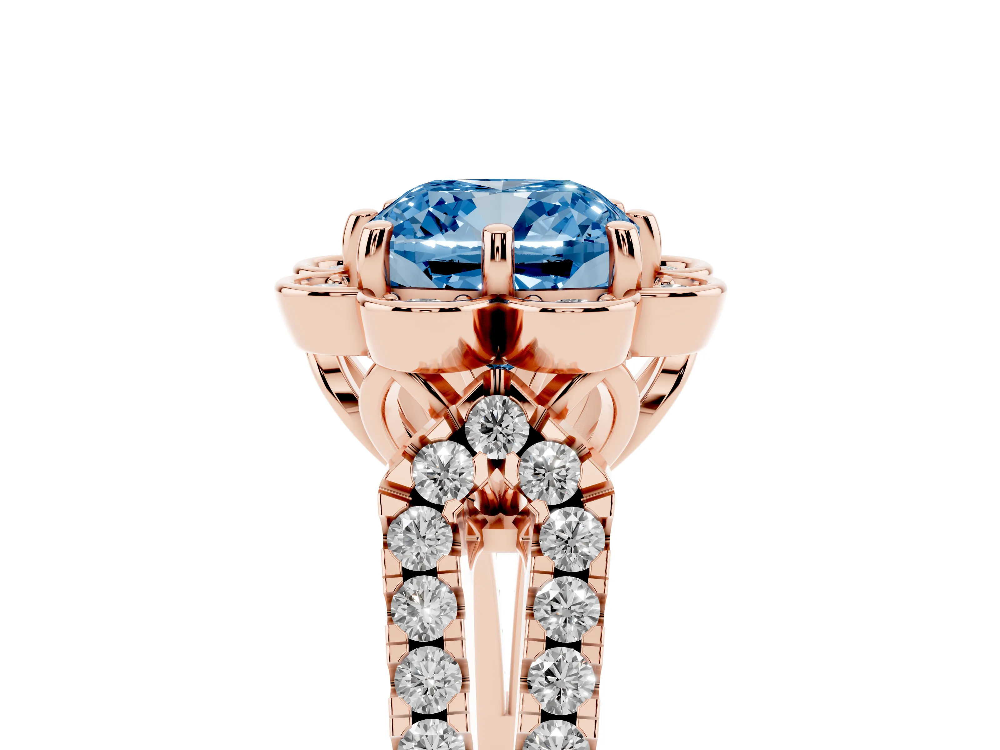 Fancy Blue Cushion Cut Diamond Floral Halo Split Shank Engagement Ring Set in Rose gold with Pavé Shank