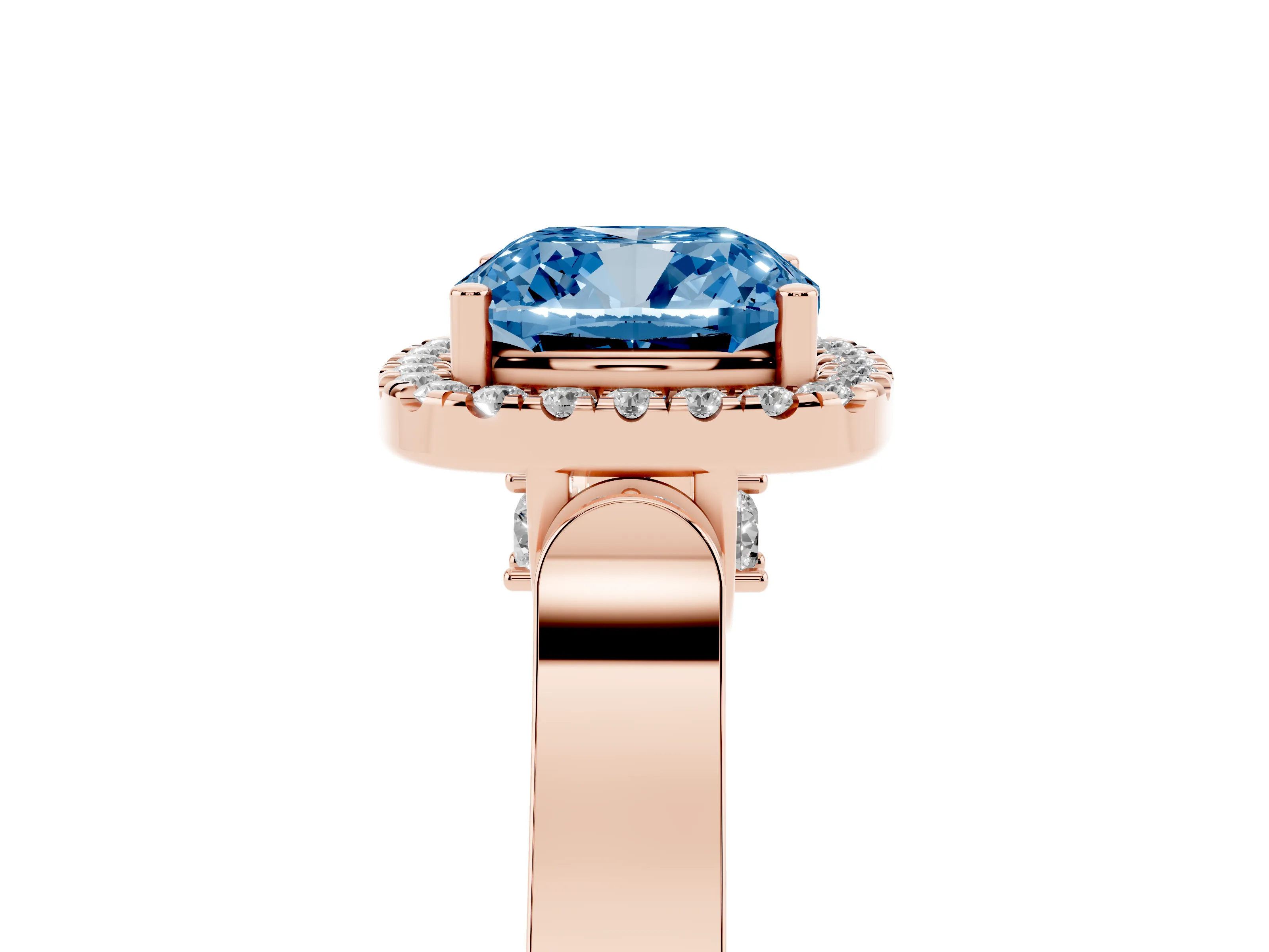 Fancy Blue Cushion Cut Diamond Halo Ring Set in Rose gold with Pavé-Lined Split Shank Band