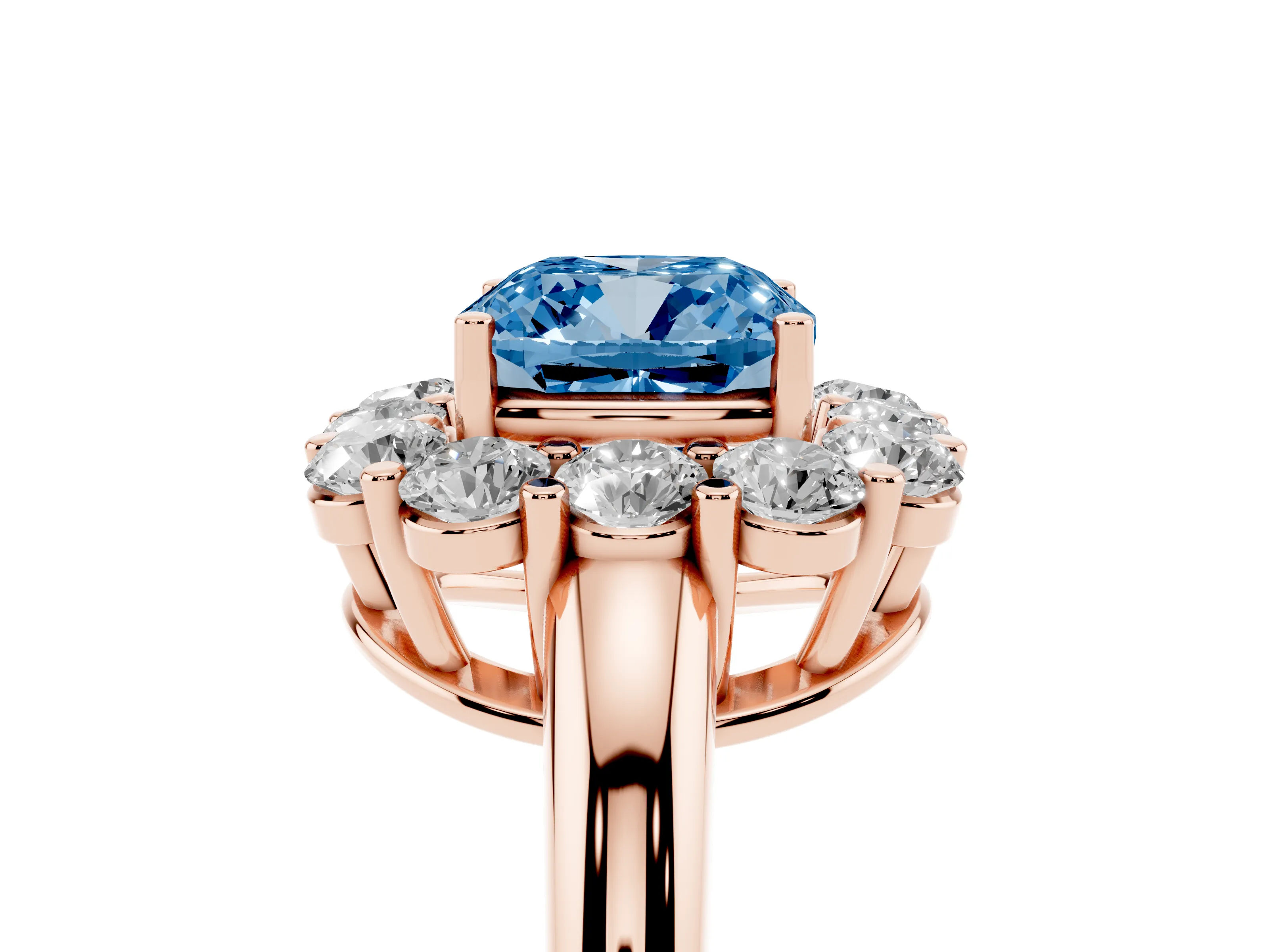 Fancy Blue Cushion Cut Diamond Halo Cluster Engagement Ring Set in Rose gold with Polished Band and Prong Setting