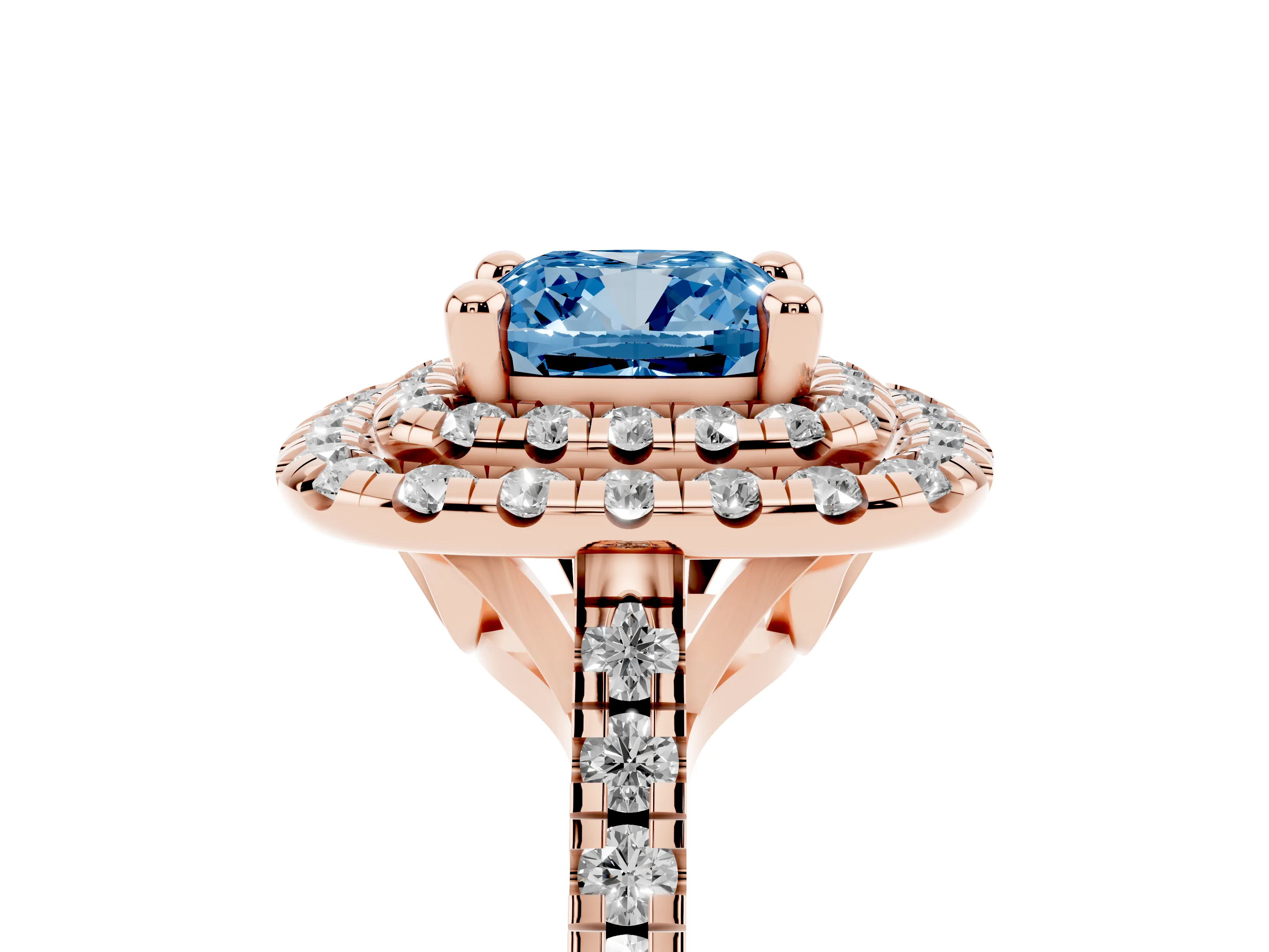 Fancy Blue Cushion Cut Diamond Double Halo Statement Ring Set in Rose gold with Pavé Band