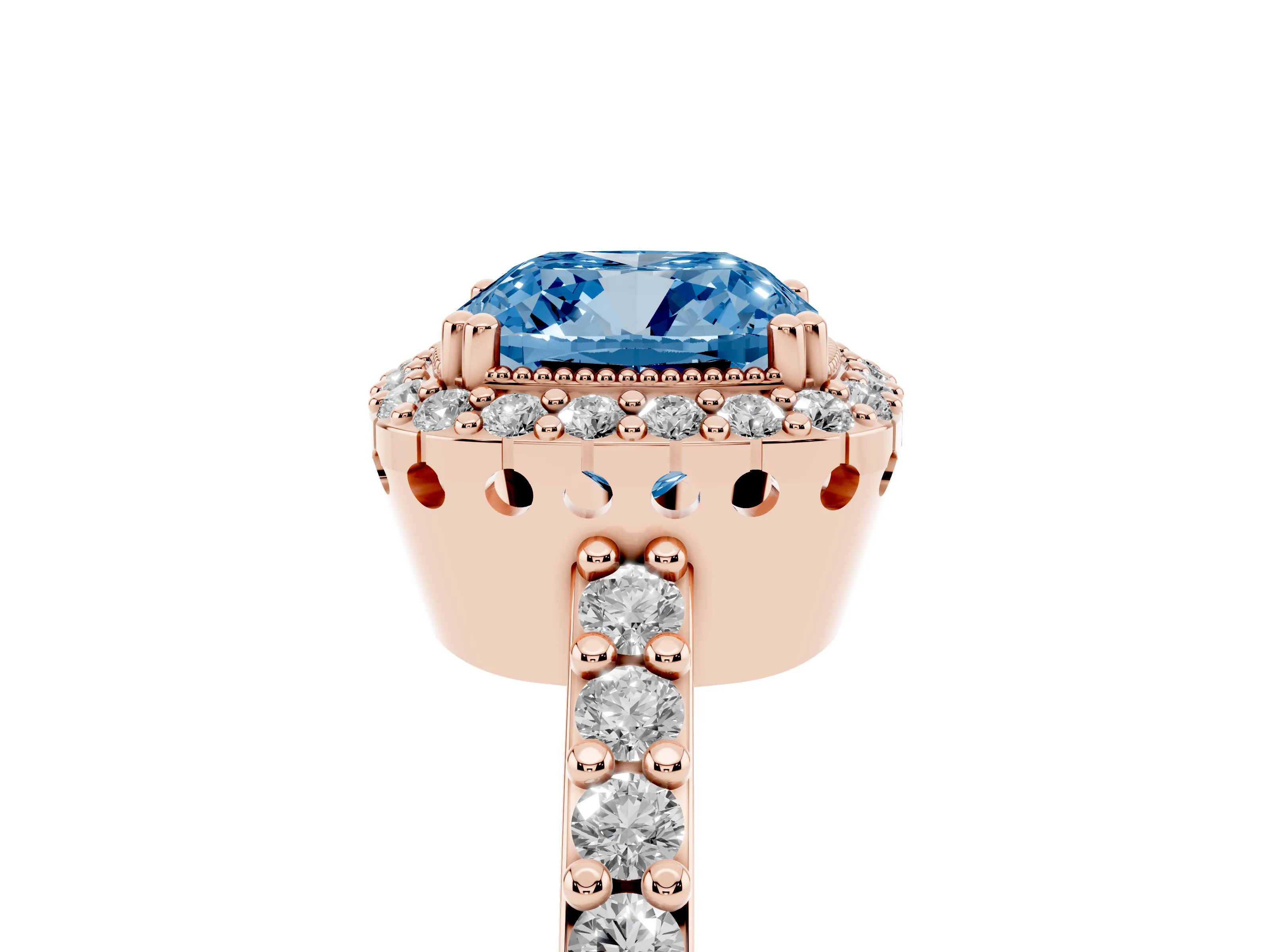 Fancy Blue Cushion Cut Diamond Halo Engagement Ring Set in Rose gold with Milgrain Detail and Pavé Band