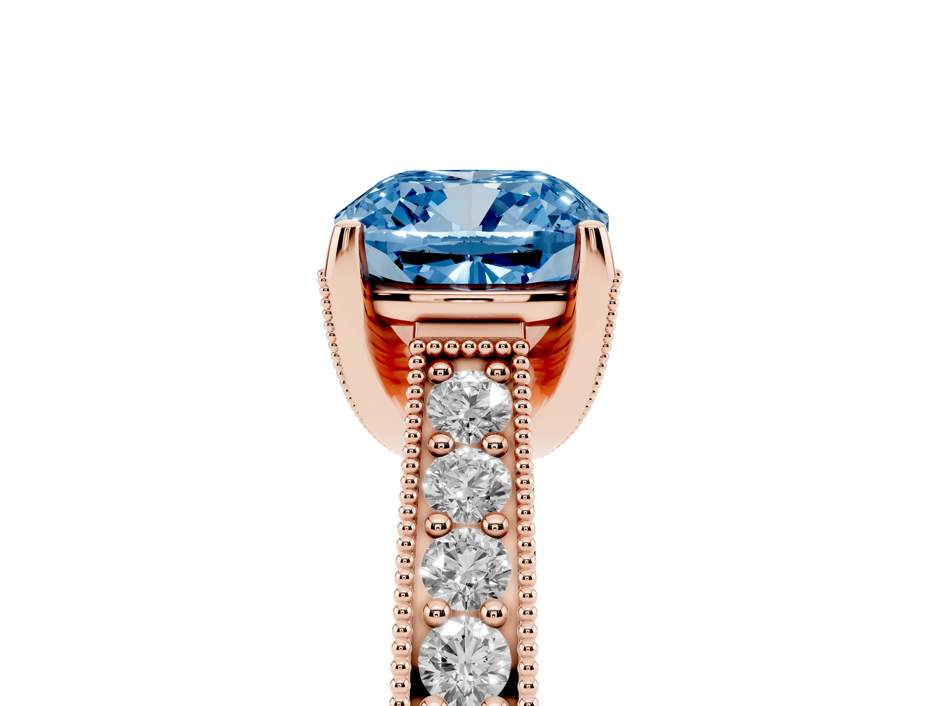 Fancy Blue Cushion Cut Diamond Solitaire Ring Set in Rose gold with Milgrain-Edged Pavé Band and Prong Setting