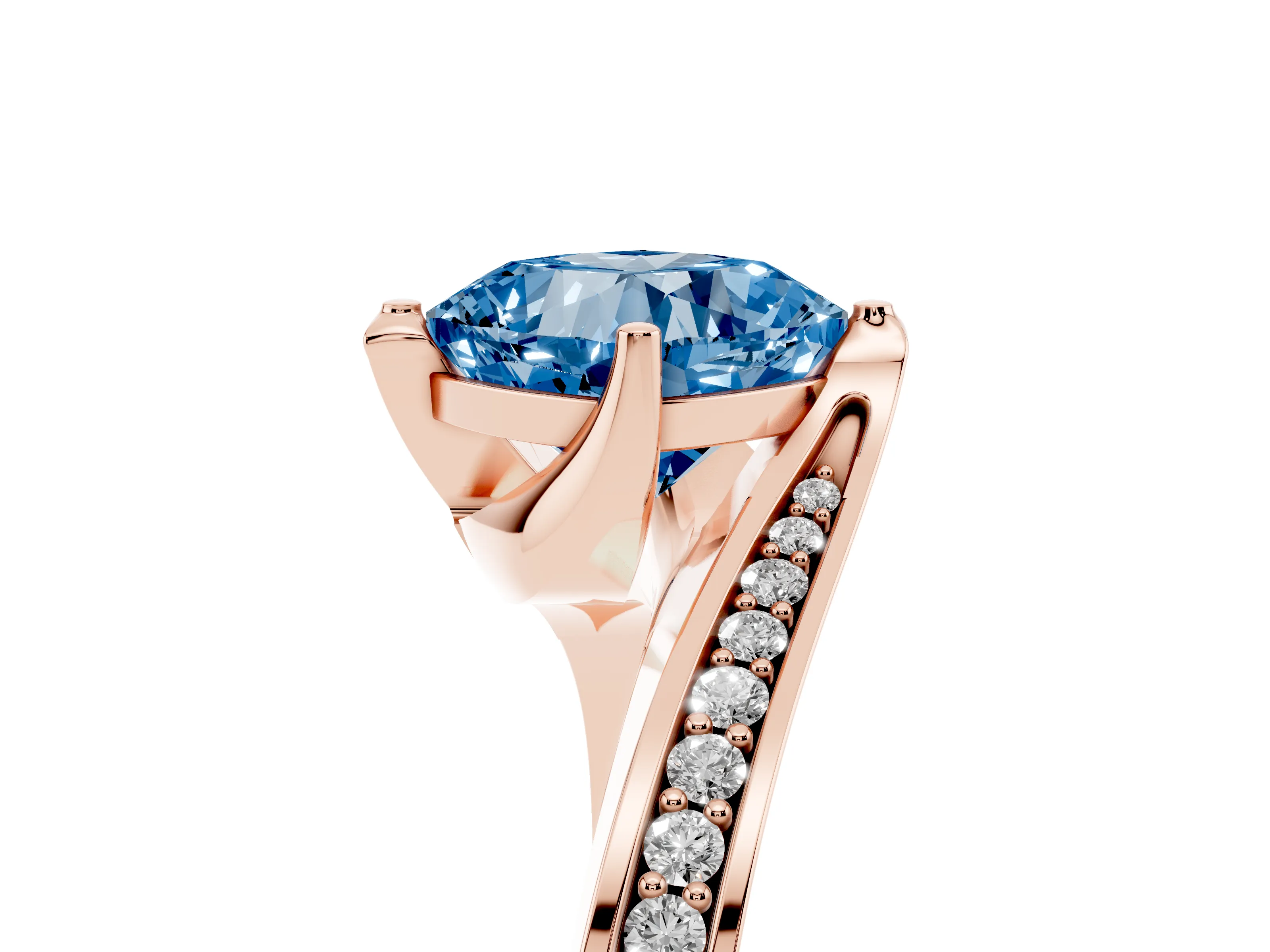 Fancy Blue Cushion Cut Diamond Solitaire Ring Set in Rose gold with Intertwined Pavé Twist Band