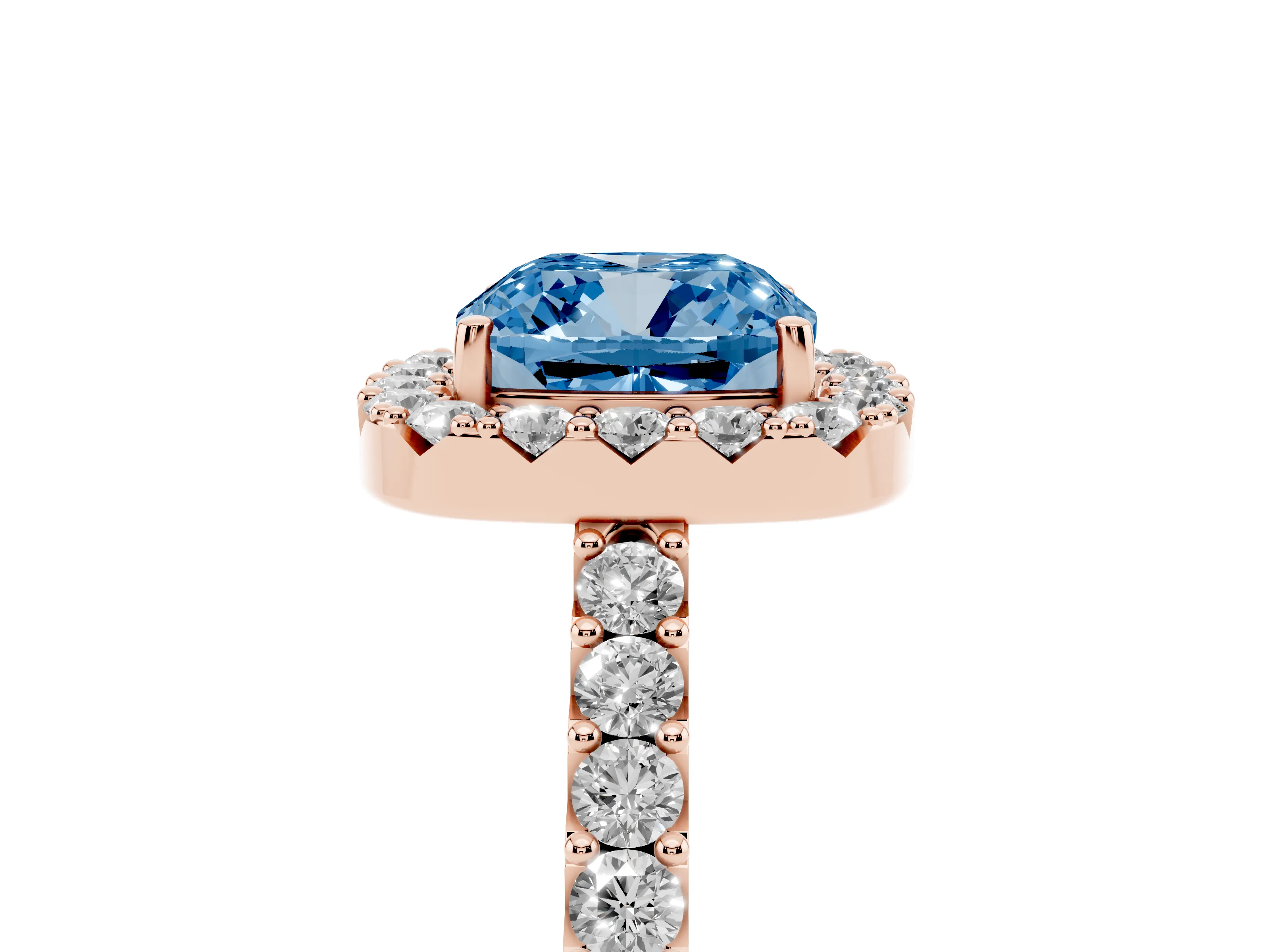 Fancy Blue Cushion Cut Diamond Halo Pavé Solitaire Ring Set in Rose gold with Prong-Set Center Stone