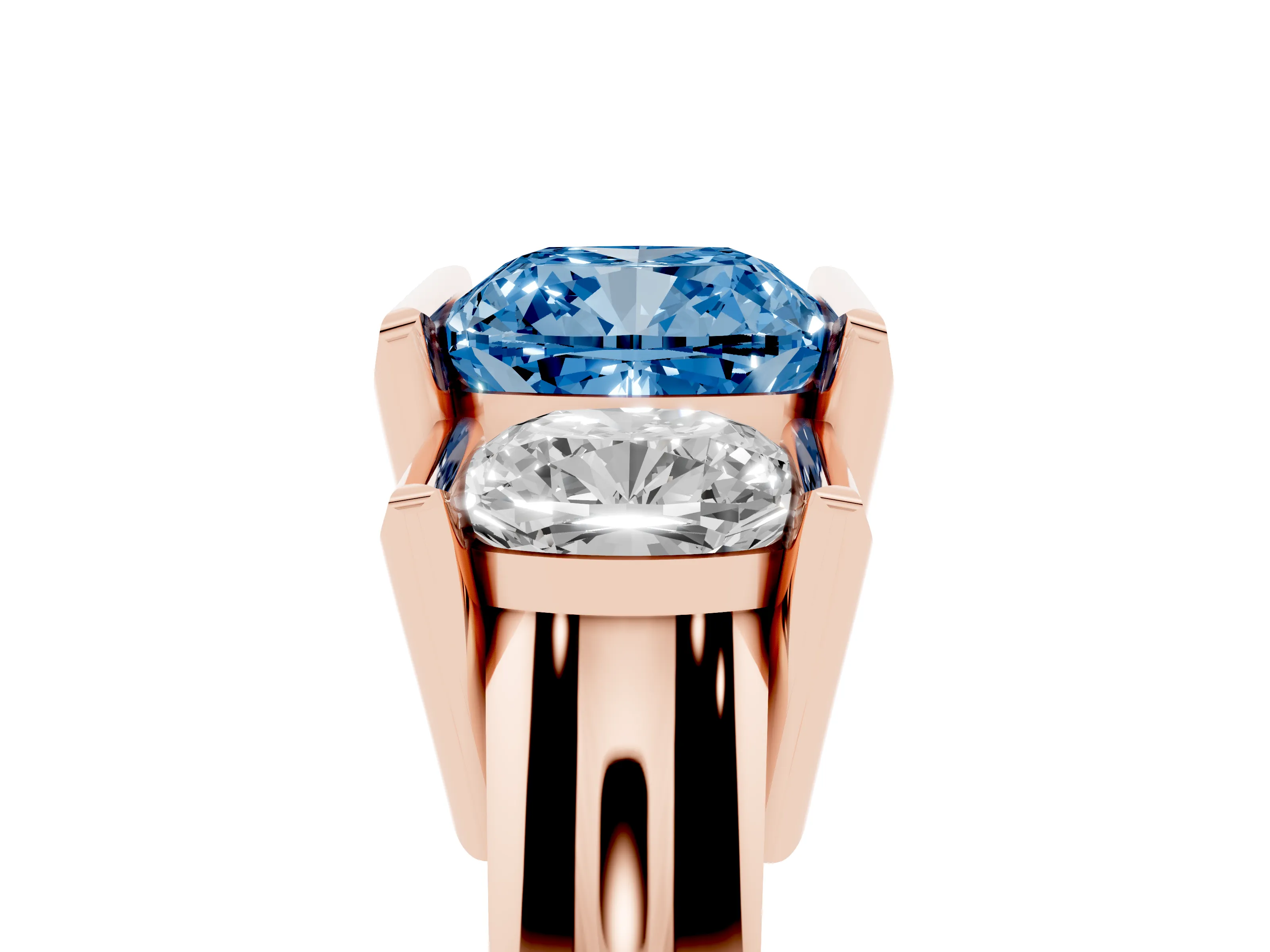Fancy Blue Cushion Cut Diamond Three-Stone Channel Set Ring Set in Rose gold with Smooth Polished Band