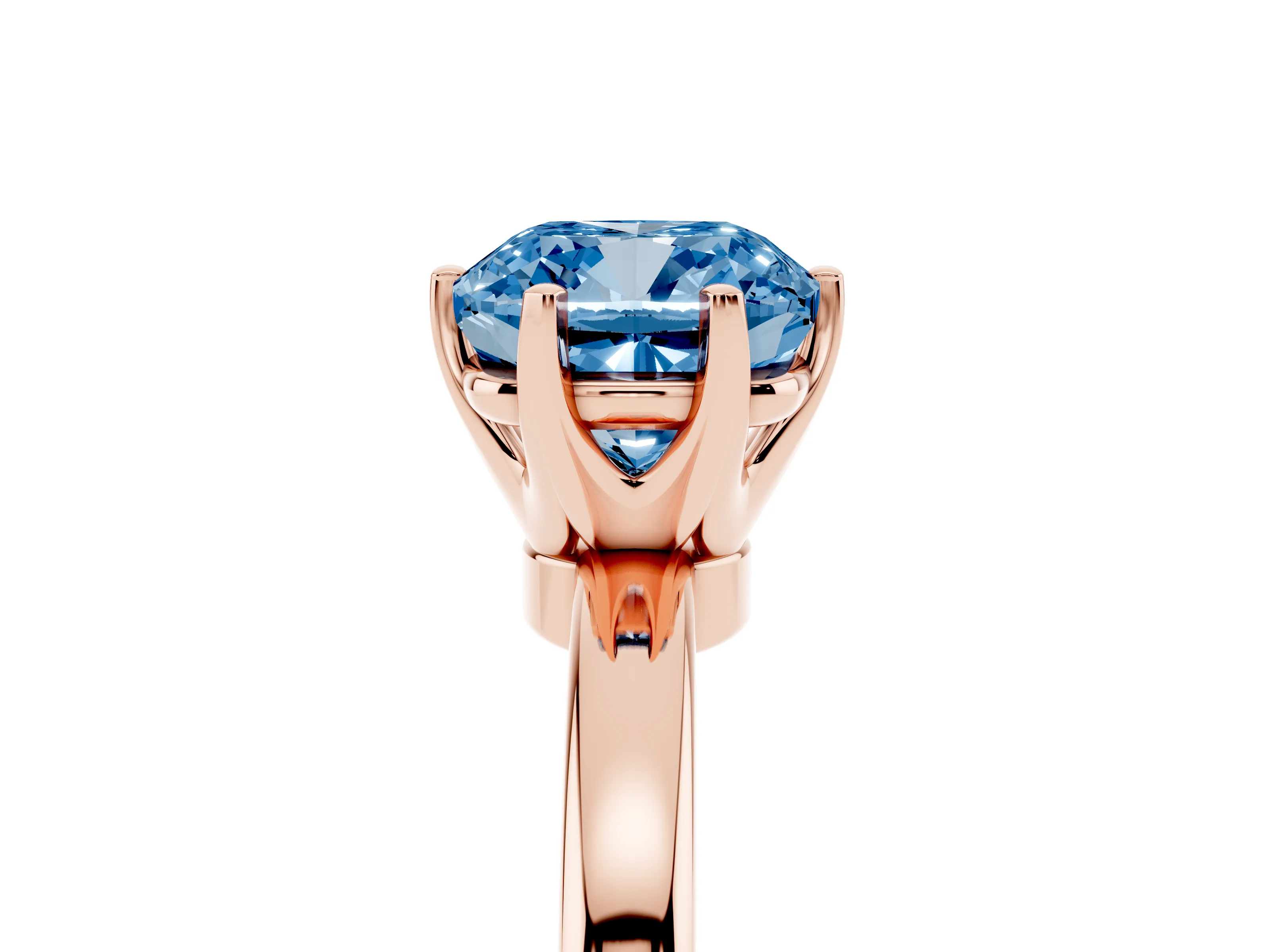 Fancy Blue Cushion Cut Diamond Solitaire Ring Set in Rose gold with Raised Prong Setting on a Classic Band