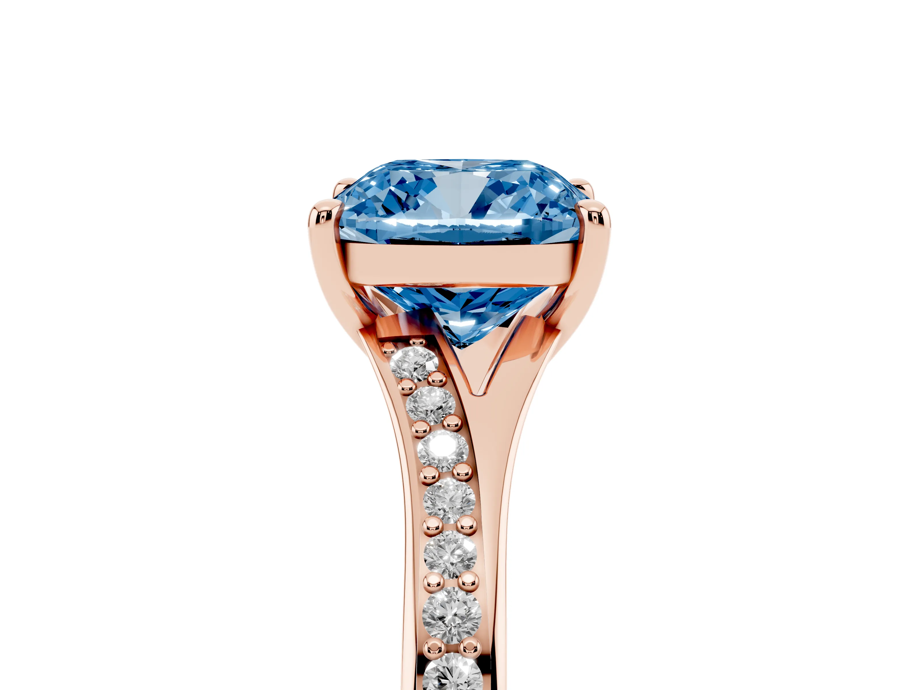 Fancy Blue Cushion Cut Diamond Solitaire Ring Set in Rose gold with Pavé Accent Band and Classic Prong Setting