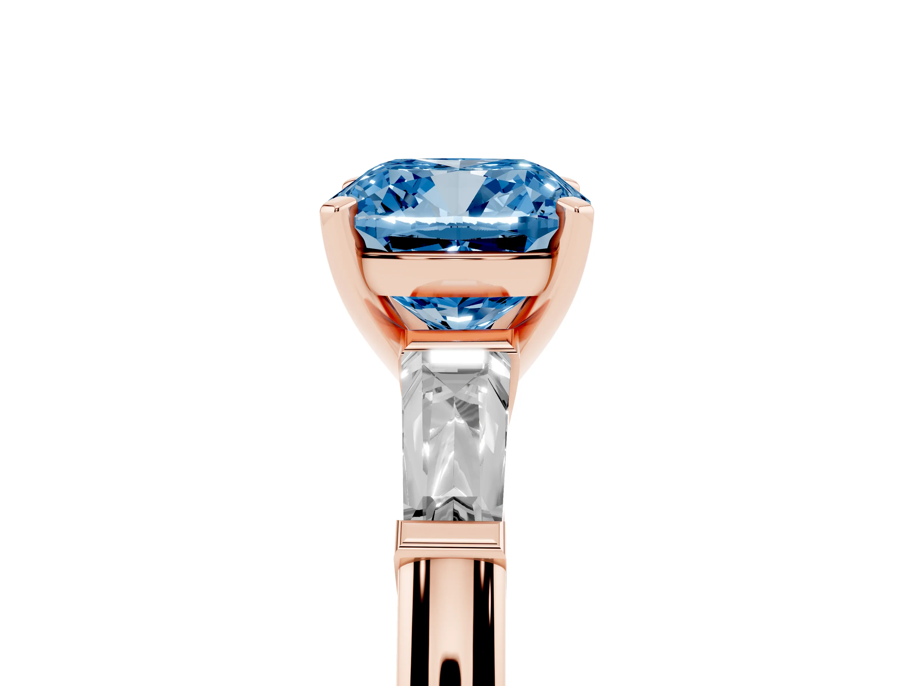 Fancy Blue Cushion Cut Diamond Solitaire Ring Set in Rose gold with Tapered Baguette Side Stones and Prong Setting