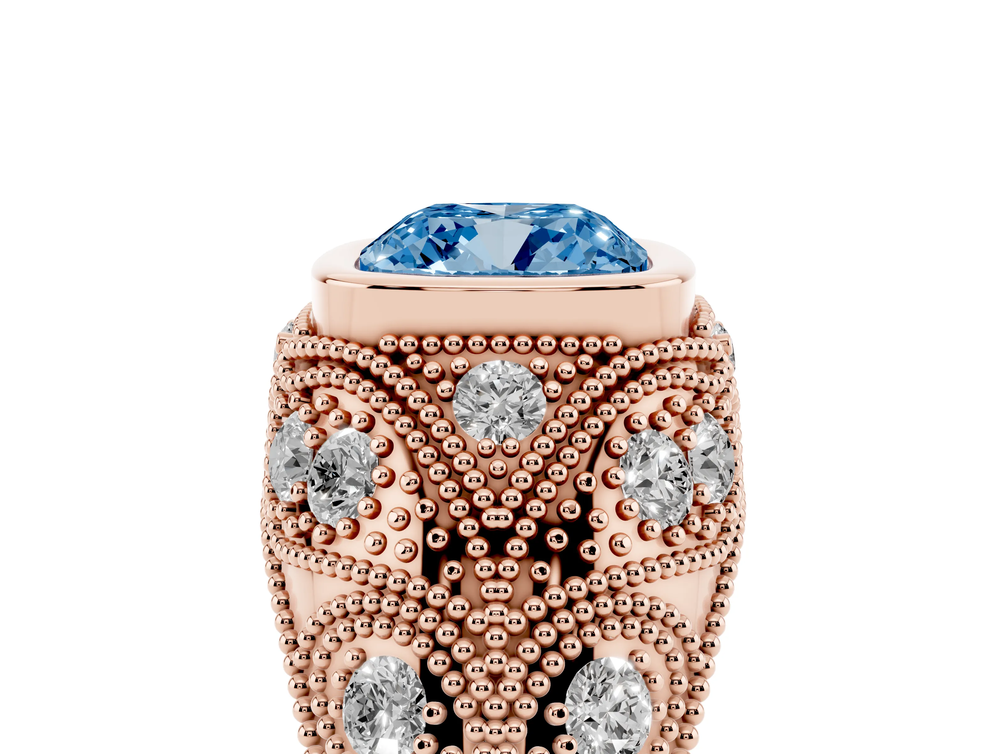 Fancy Blue Cushion Cut Diamond Bezel Ring Set in Rose gold with Milgrain Accent Band