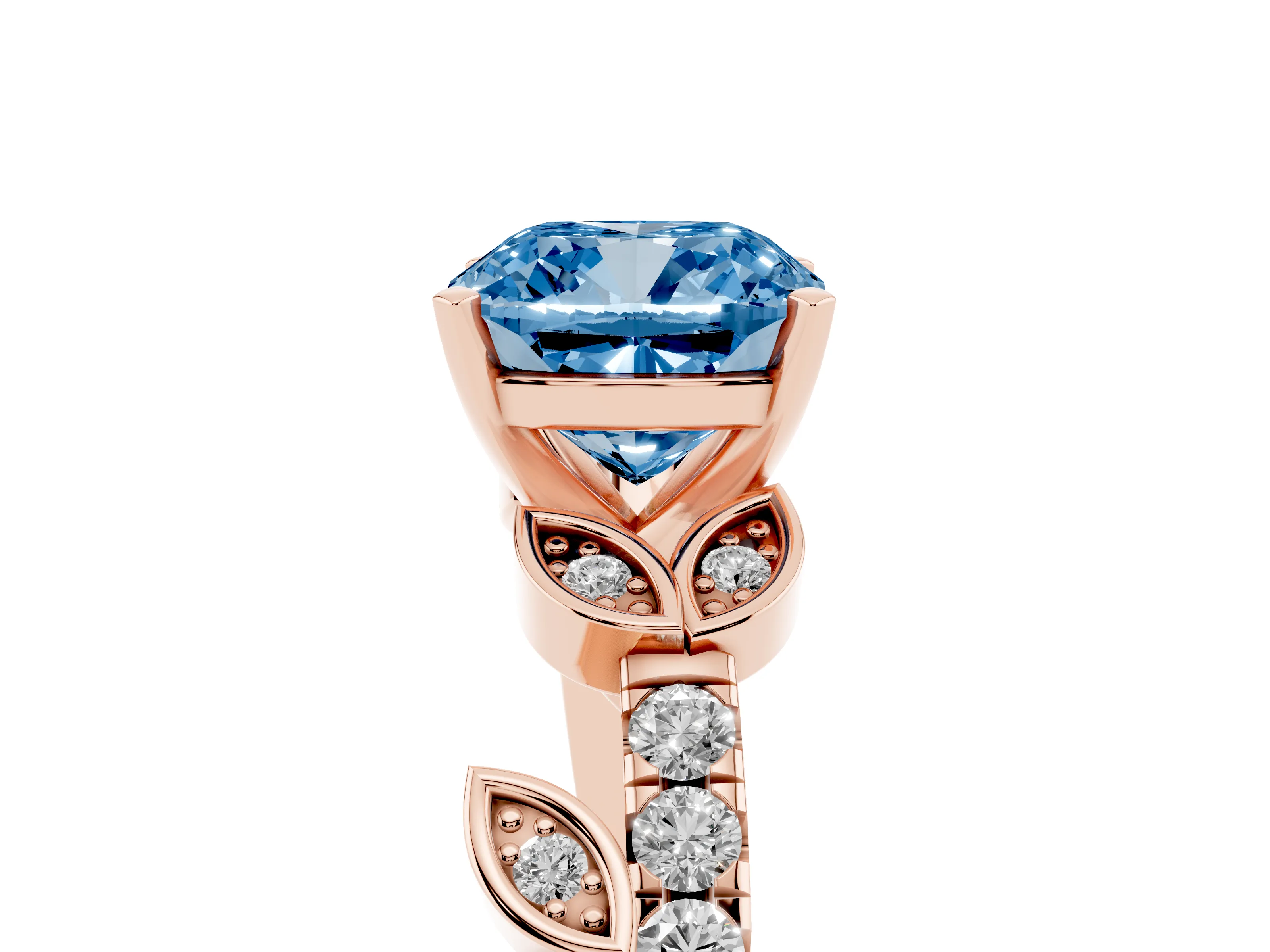 Fancy Blue Cushion Cut Diamond Solitaire Leaf-Inspired Ring Set in Rose gold with Pavé Band and Prong Setting