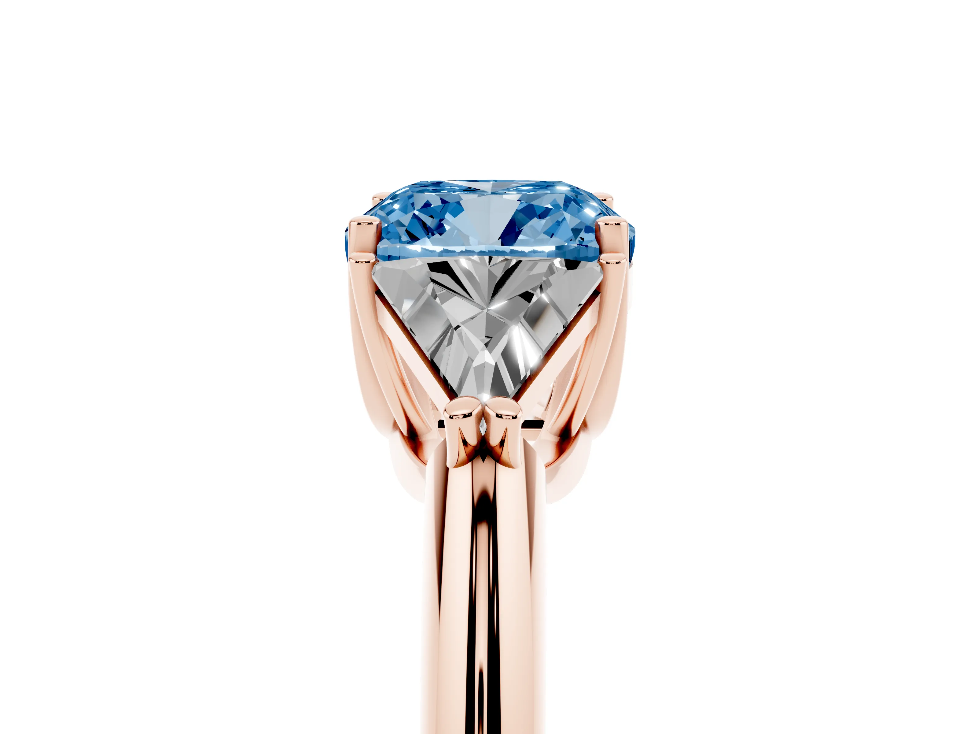 Fancy Blue Cushion Cut Diamond Three-Stone Engagement Ring Set in Rose gold with Trillion Side Stones