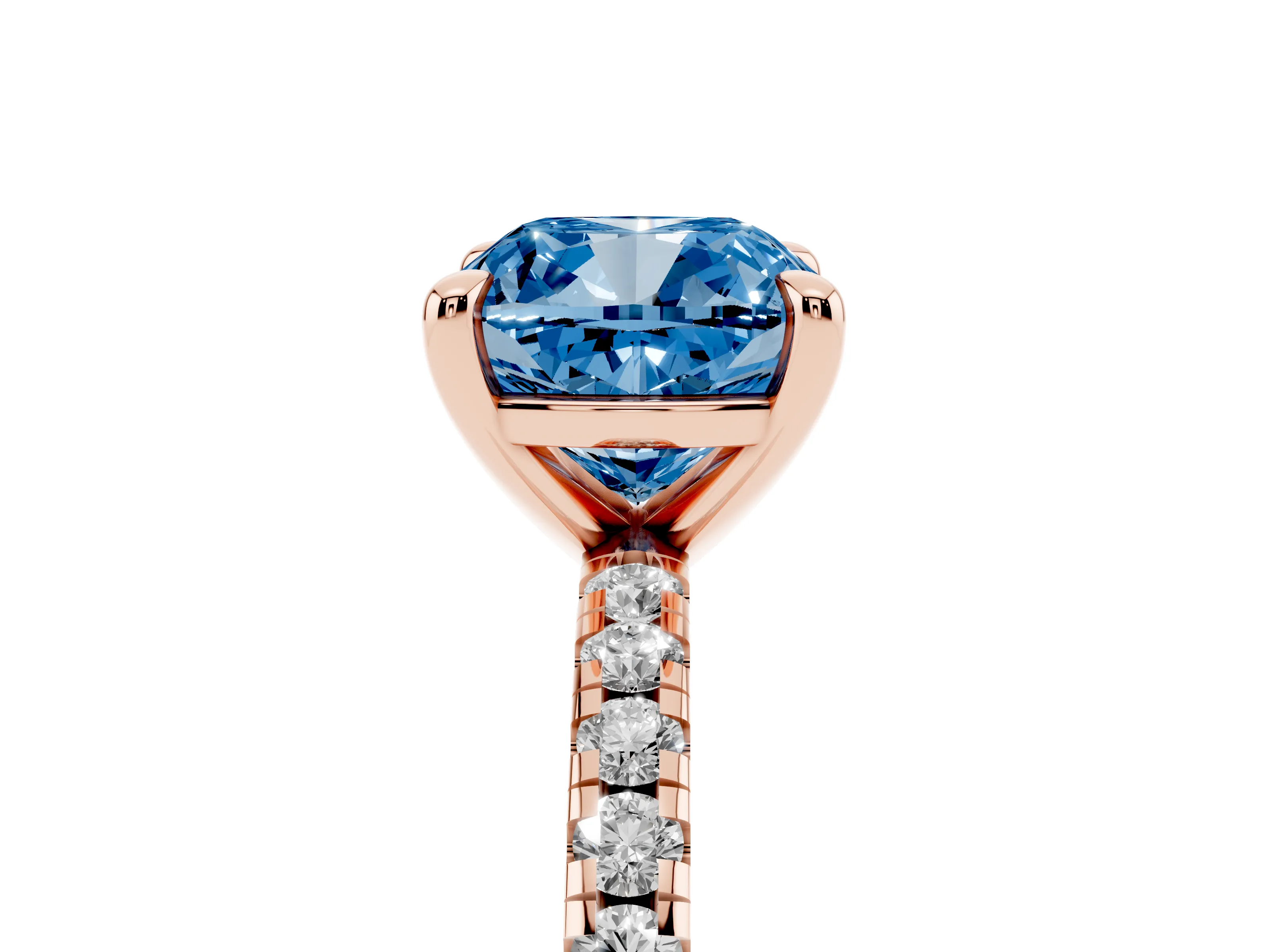 Fancy Blue Cushion Cut Diamond Brilliant Solitaire Ring Set in Rose gold with Pavé Band and Prong Setting