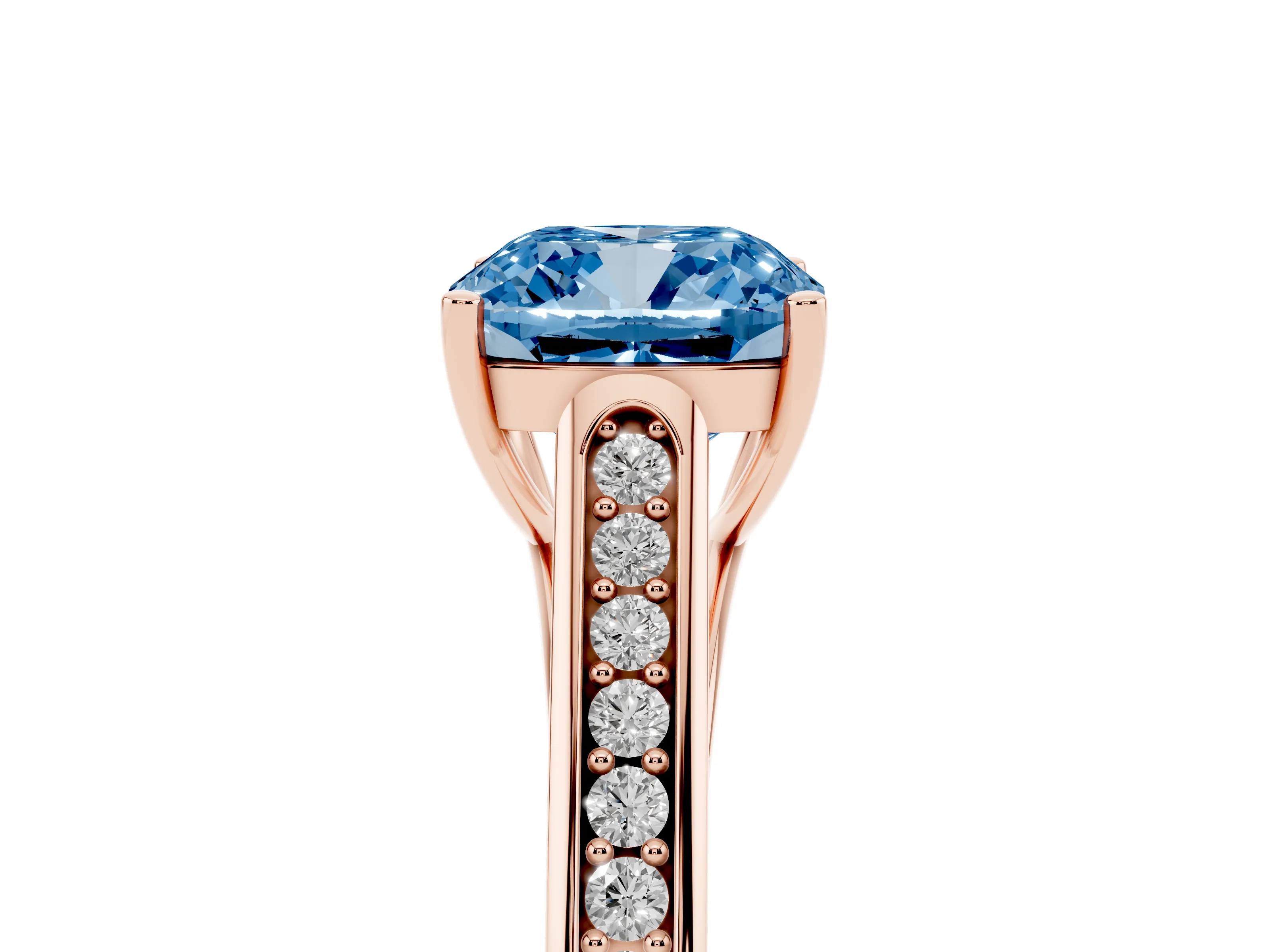 Fancy Blue Cushion Cut Diamond Solitaire Cathedral Engagement Ring Set in Rose gold with Channel-Set Band and Prong Setting