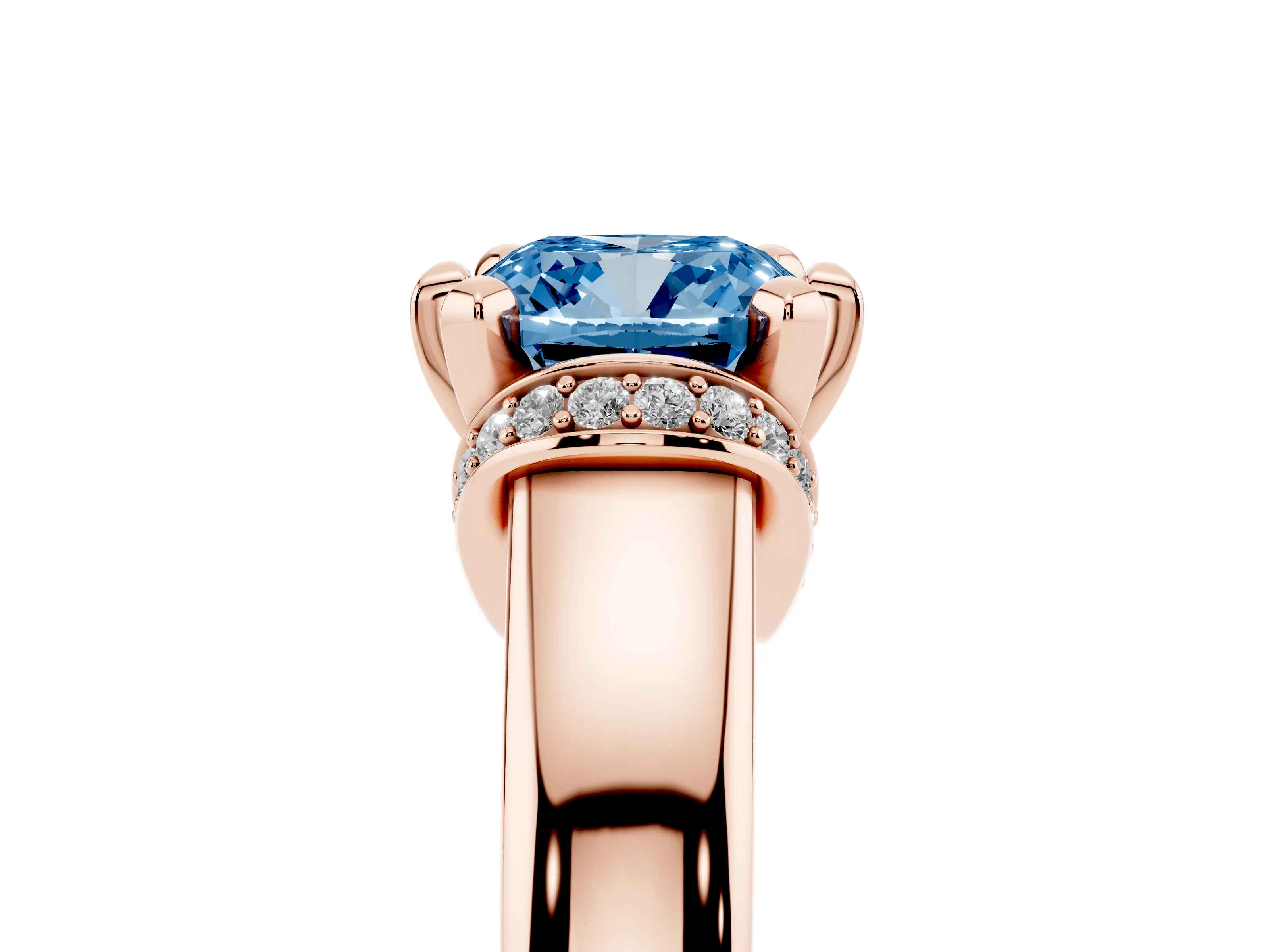 Fancy Blue Cushion Cut Diamond Pavé Band Solitaire Ring Set in Rose gold with Prong Setting