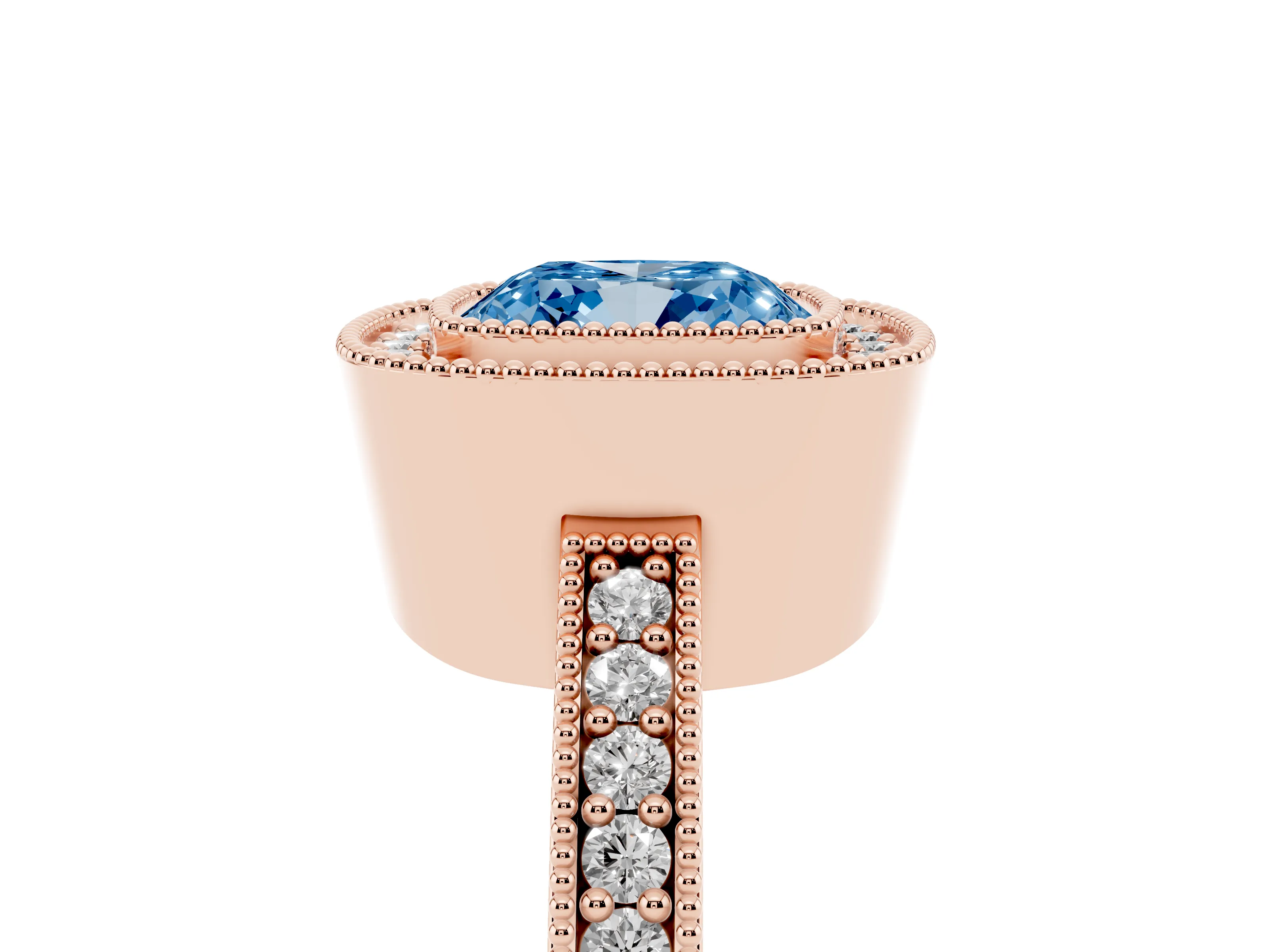 Fancy Blue Cushion Cut Diamond Halo Engagement Ring Set in Rose gold with Pavé Band and Round Halo Stones