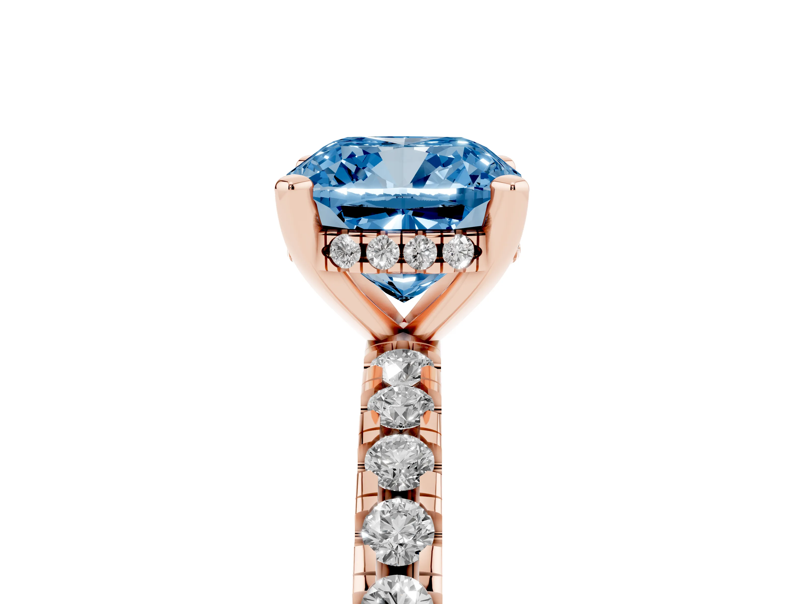 Fancy Blue Cushion Cut Diamond Pavé Solitaire Ring Set in Rose gold with Round Band Accents and Prong Setting