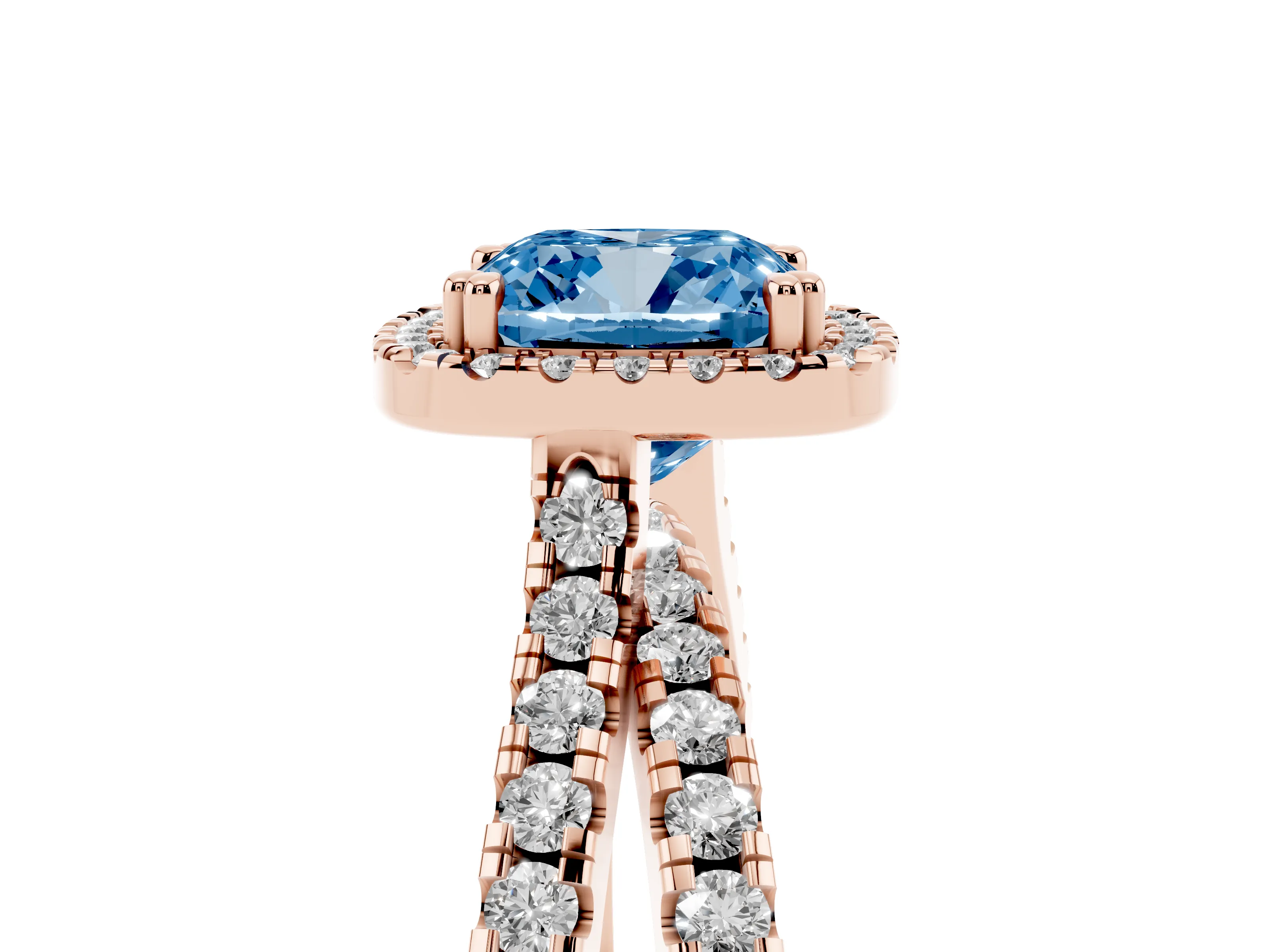 Fancy Blue Cushion Cut Diamond Halo Split Shank Ring Set in Rose gold with Pavé Setting