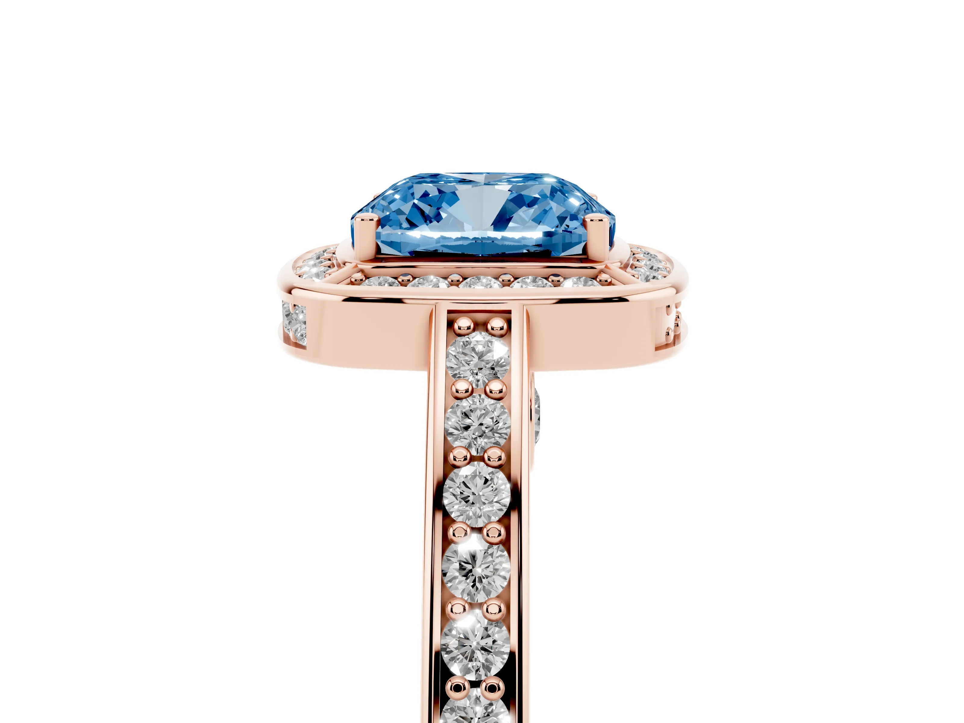Fancy Blue Cushion Cut Diamond Halo Pavé Split Shank Ring Set in Rose gold with Prong Setting