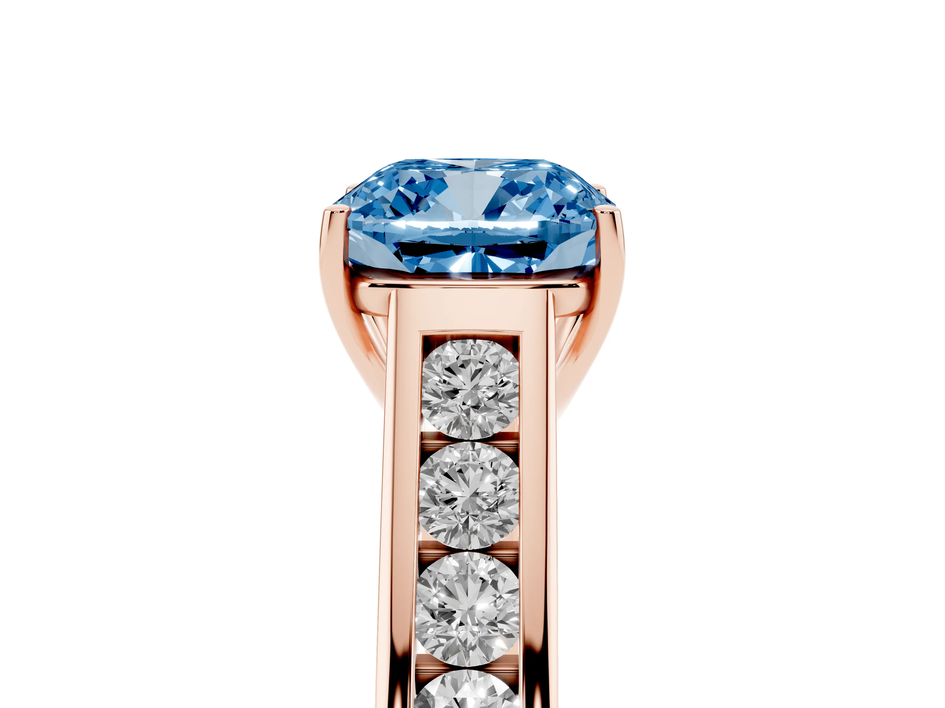 Fancy Blue Cushion Cut Diamond Brilliant Channel-Set Solitaire Ring Set in Rose gold with Prong Setting