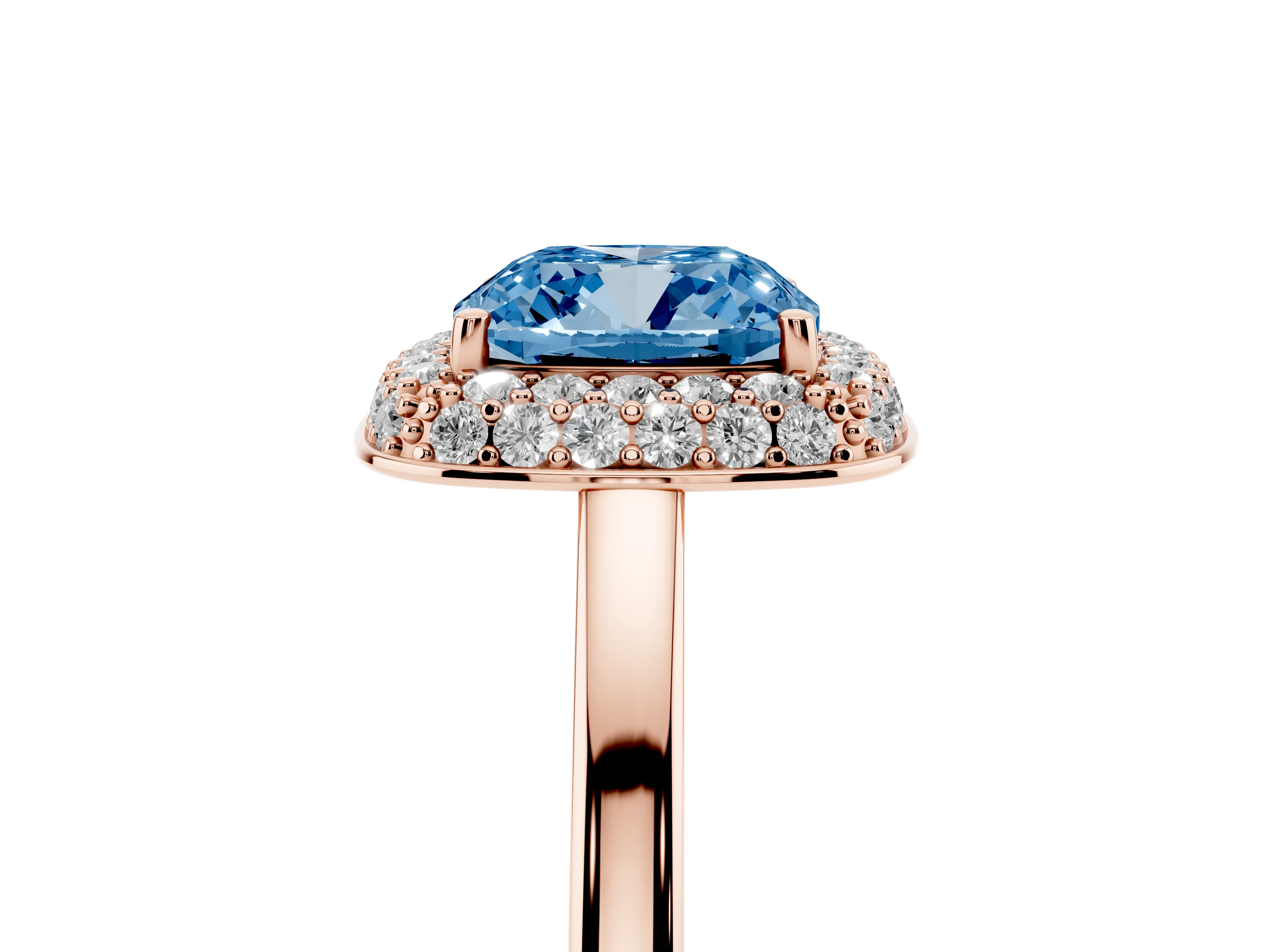 Fancy Blue Cushion Cut Diamond Halo Engagement Ring Set in Rose gold with Solitaire Band and Prong Setting