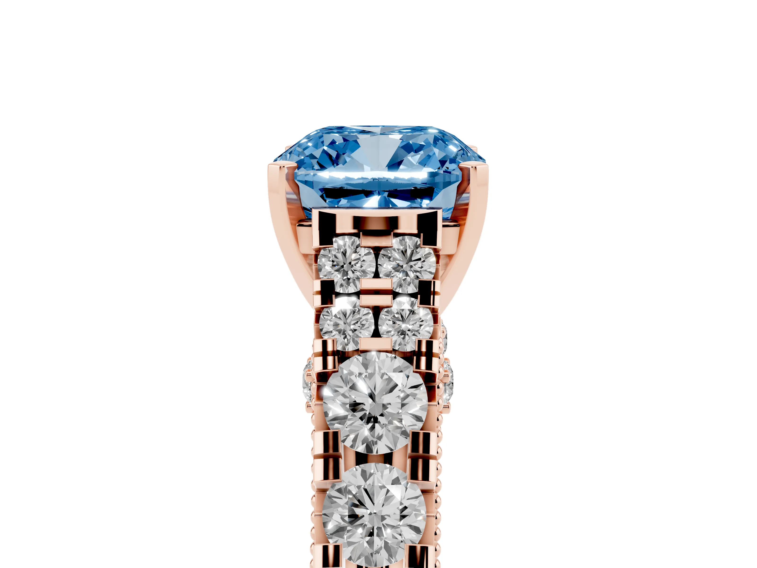 Fancy Blue Cushion Cut Diamond Classic Solitaire Ring Set in Rose gold with Pavé Band and Prong Setting