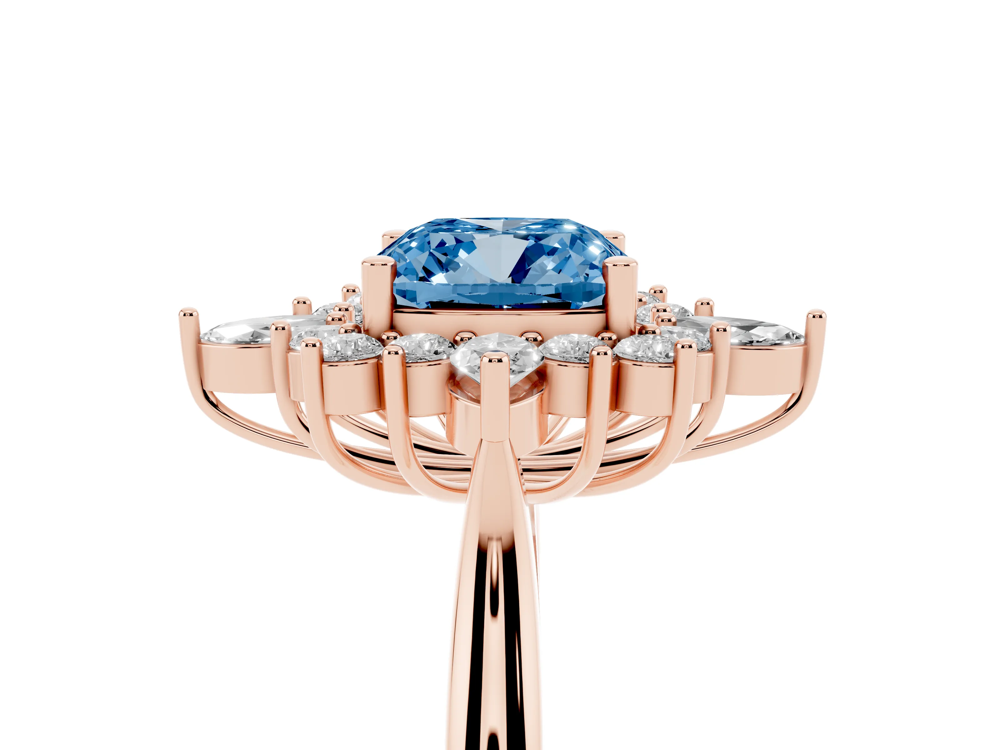 Fancy Blue Cushion Cut Diamond Cluster Halo Ring Set in Rose gold with Marquise and Round Accents
