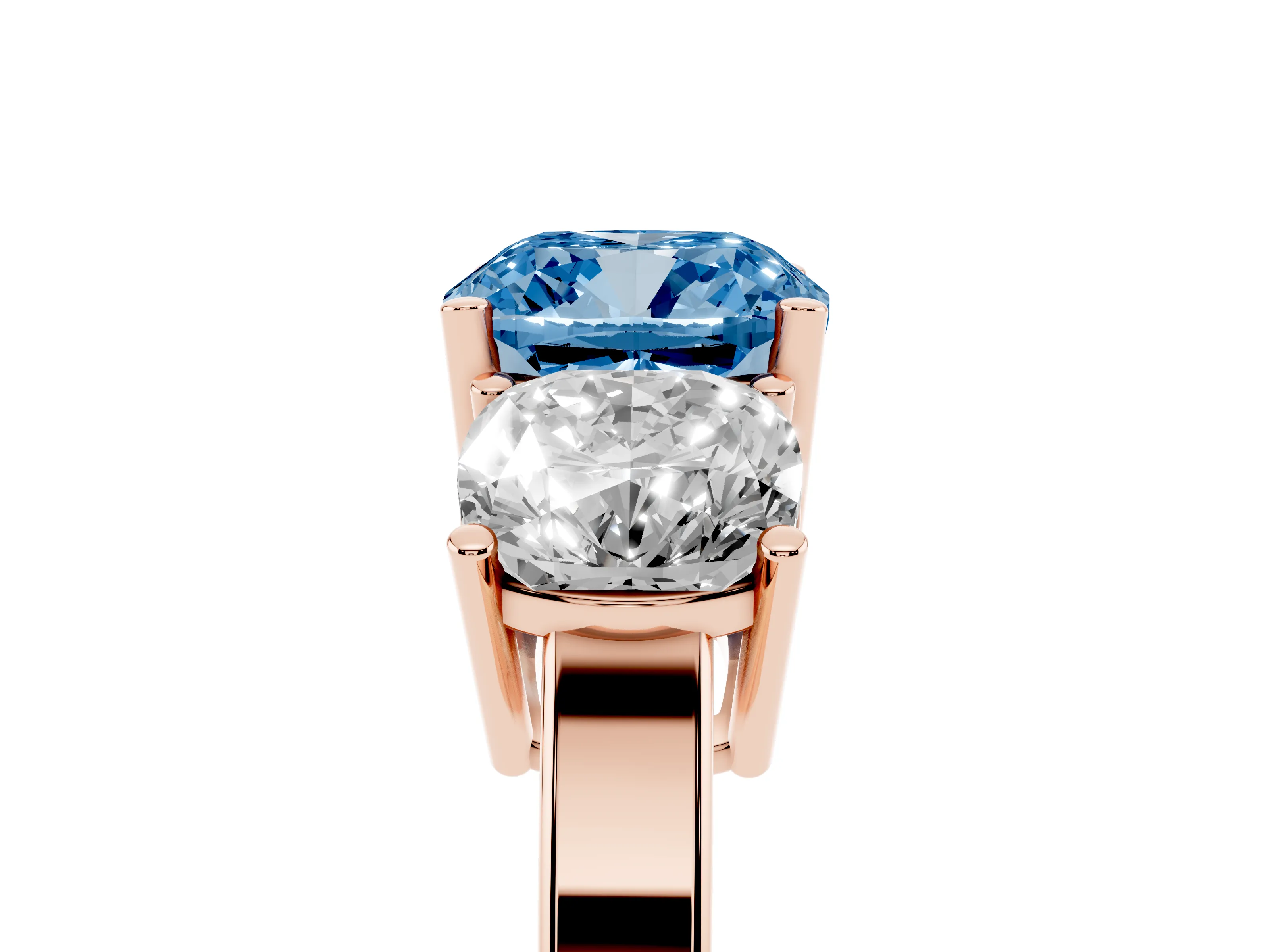 Fancy Blue Cushion Cut Diamond Three-Stone Engagement Ring Set in Rose gold with Flat Band