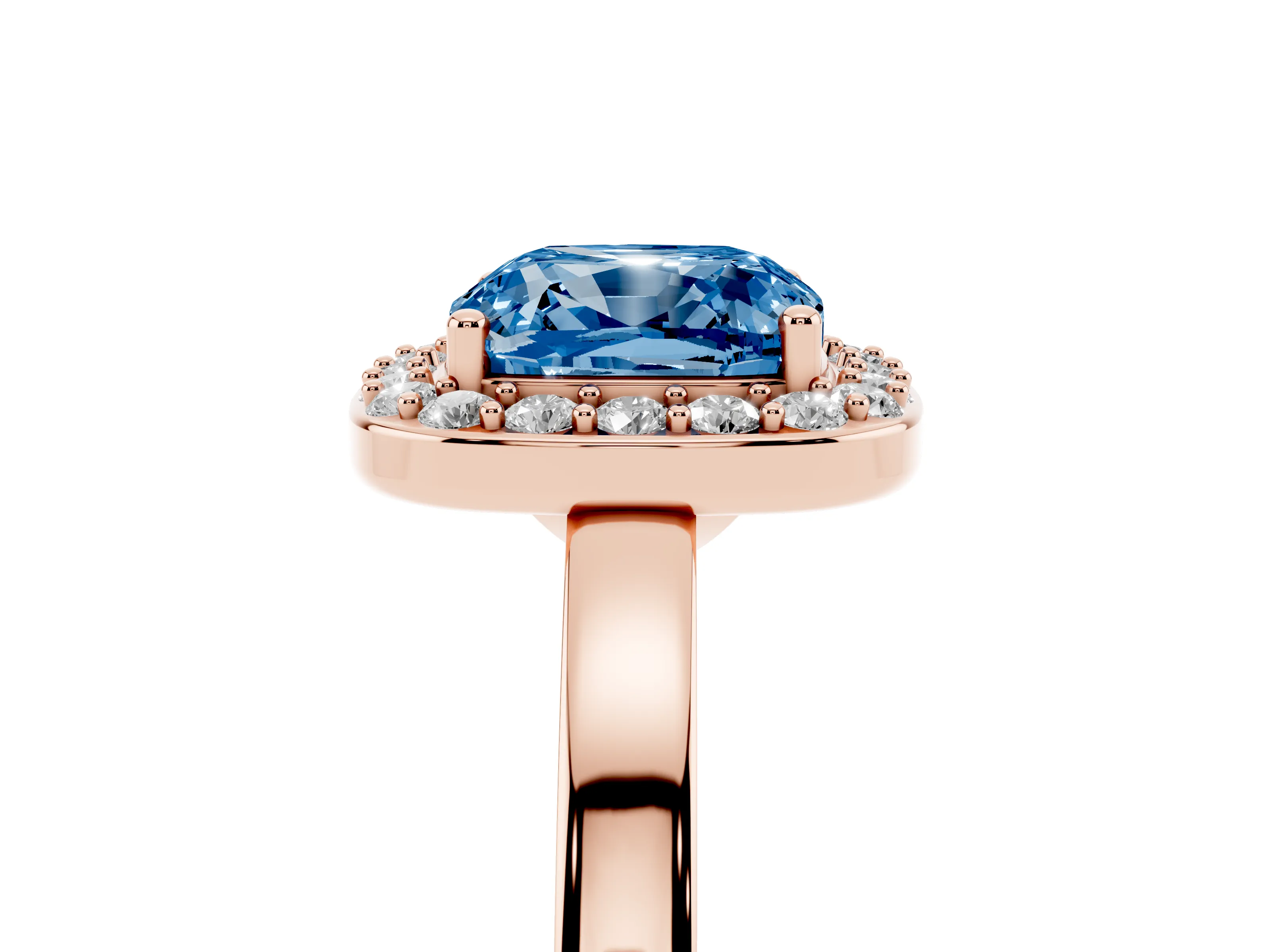 Fancy Blue Cushion Cut Diamond Halo Ring Set in Rose gold with Solitaire Band and Prong Setting
