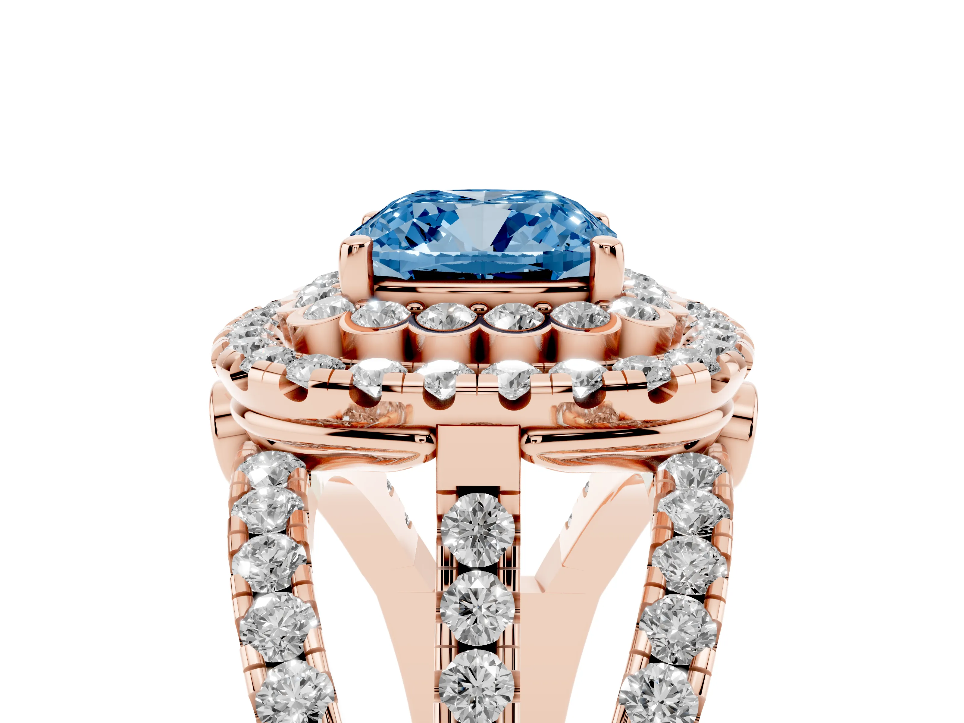Fancy Blue Cushion Cut Diamond Double Halo Ring Set in Rose gold with Round Pavé Split Shank