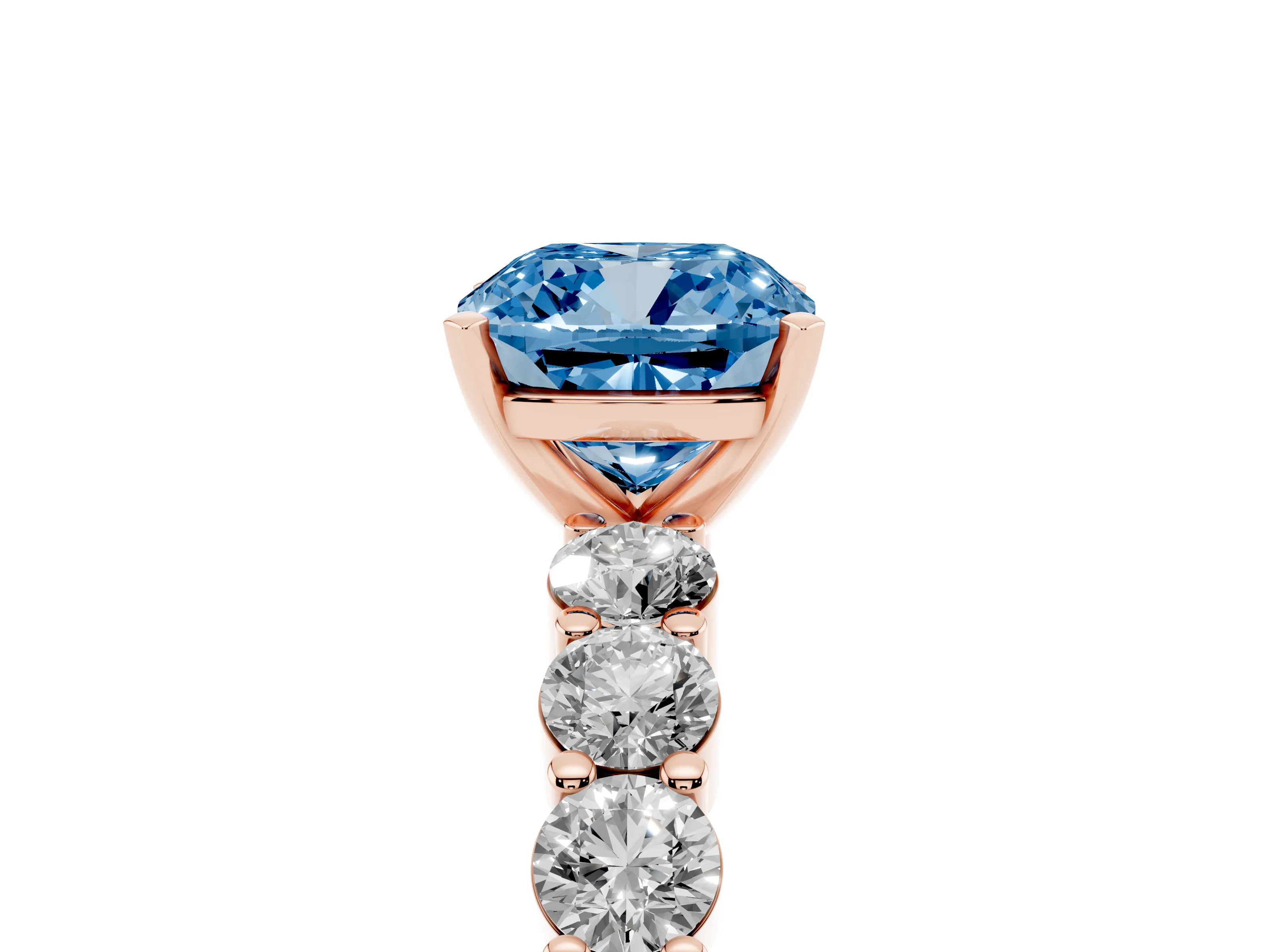 Fancy Blue Cushion Cut Diamond Solitaire Ring Set in Rose gold with Shared Prong Round Side Stones